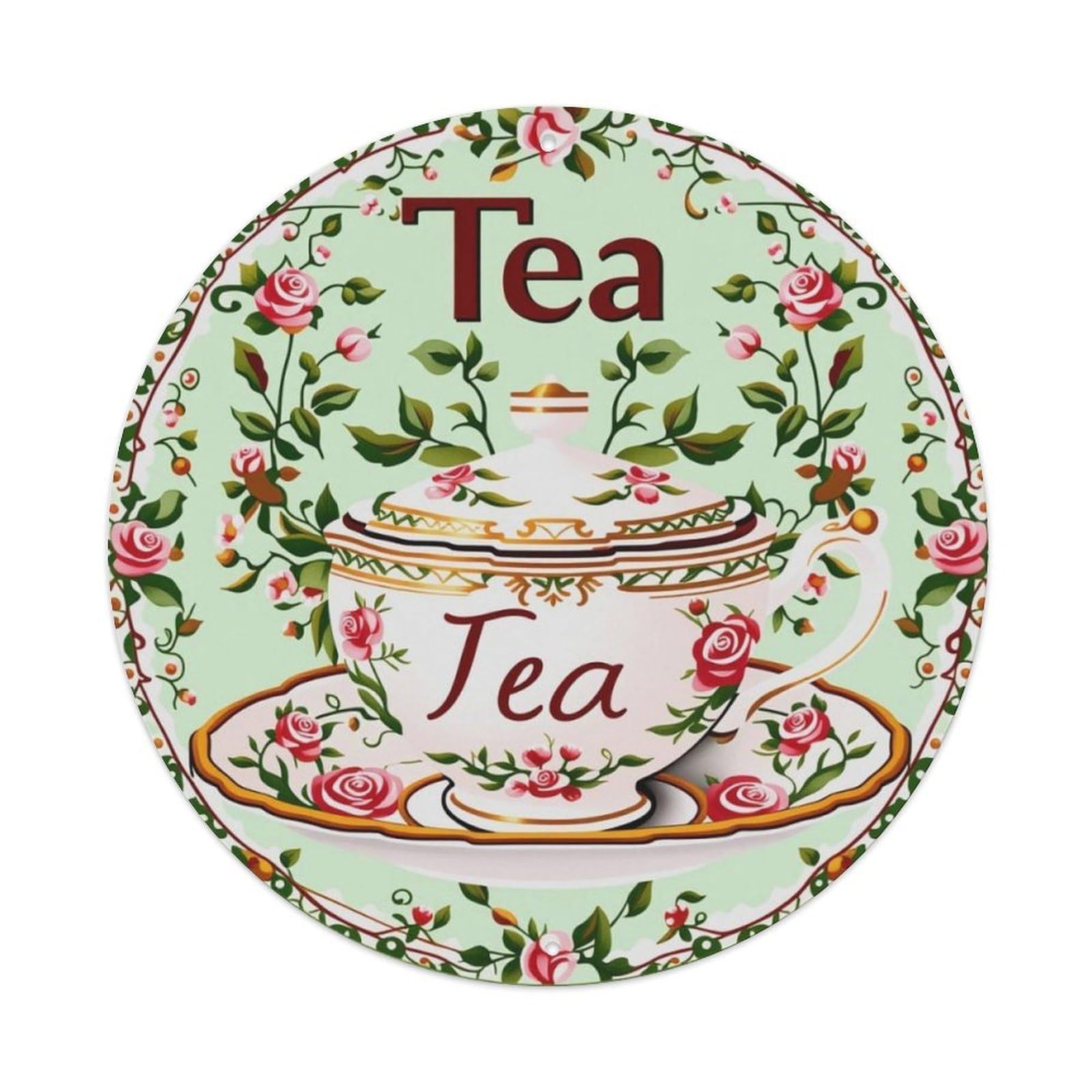 Pink Rose Floral Vintage Tea Pot Round Decor Sign Vintage Aluminium Metal Sign, Retro Wall Decor for Home, Bar, Garage & Farmhouse 20x20cm