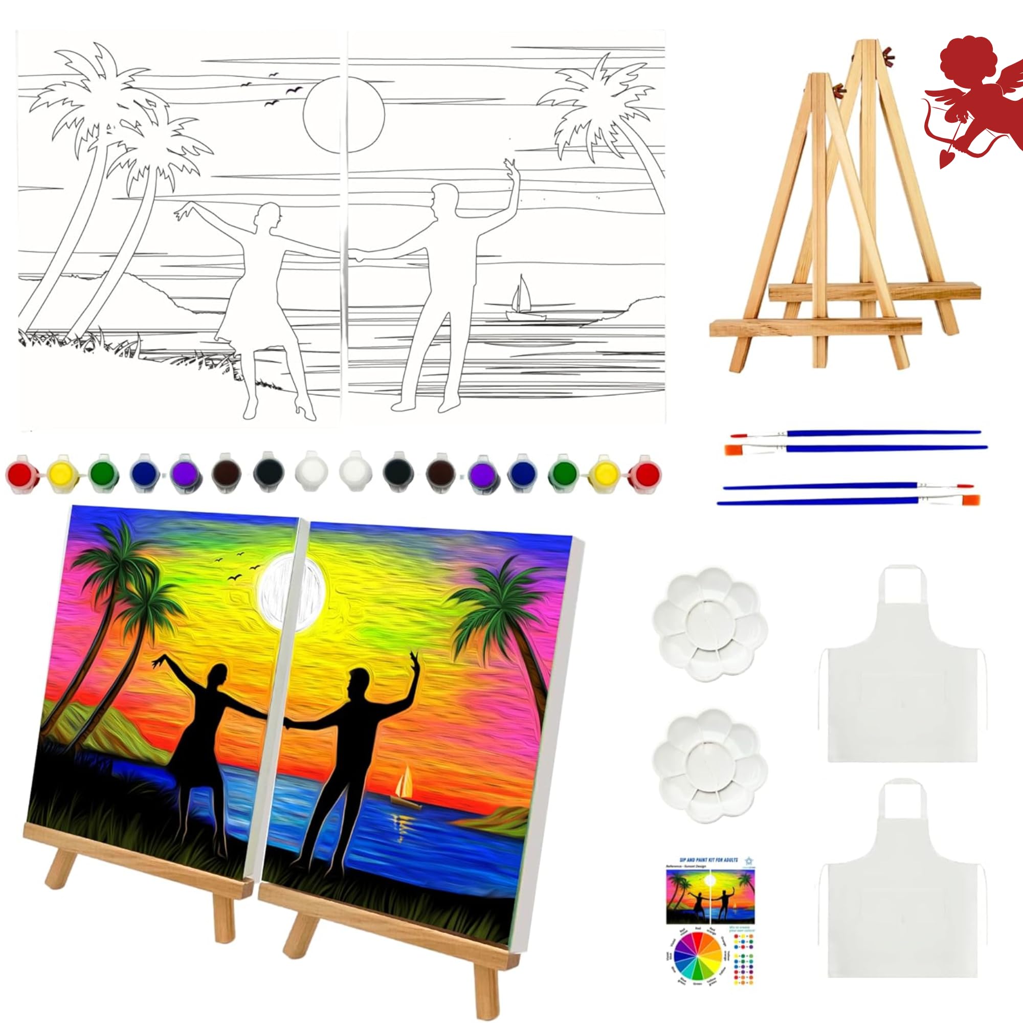 Kit Completo Sip And Paint Per Adulti – 2 Tele 20x25 Cm Predisegnate Con Cavalletti - 4