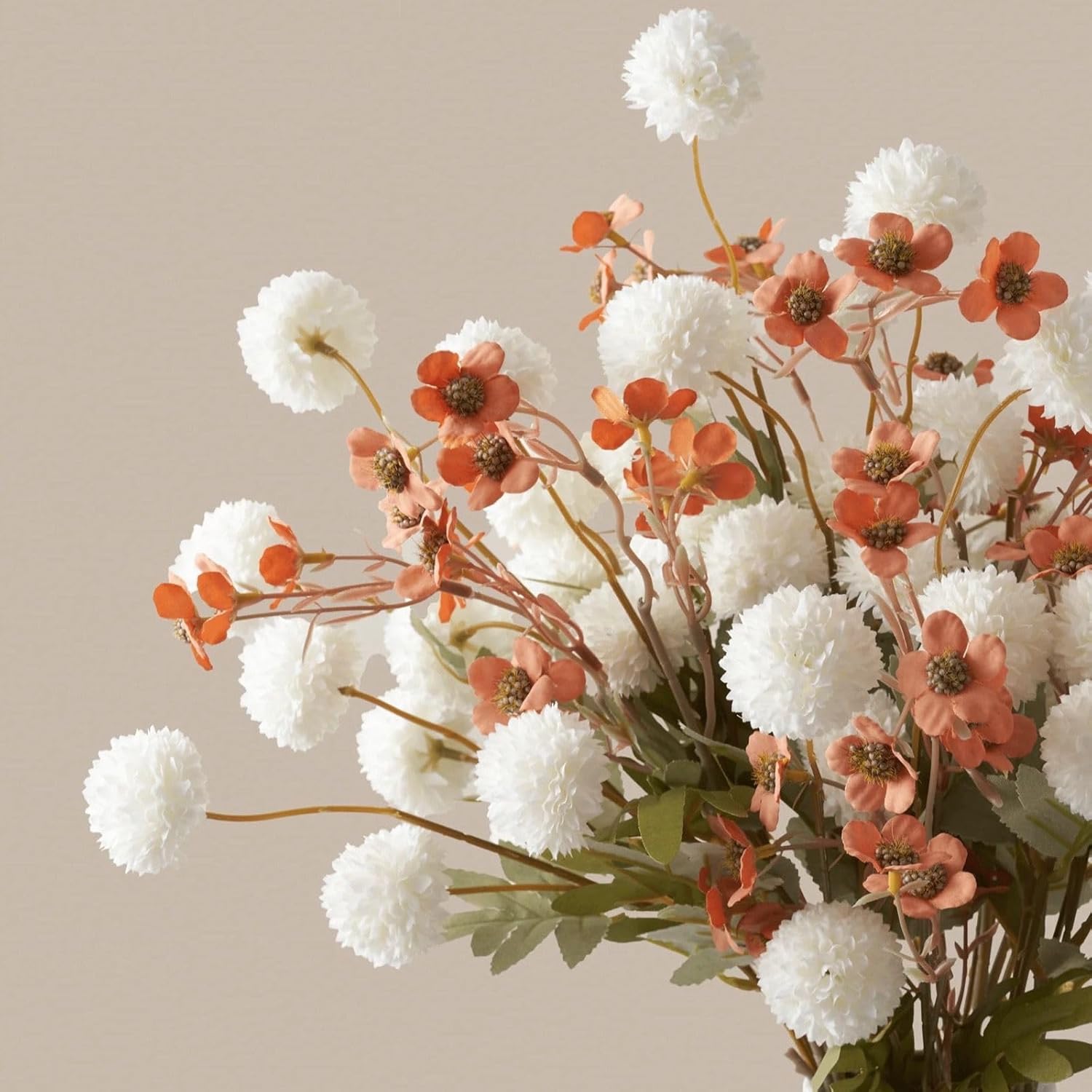 SilkSerenade White Silk Kiku Flower Arrangements with Eucalyptus & Umber Wild Flowers for Home Decor, Fake Flores Long Orange Tall Mums Earthy Rust Stems Artificial Floral Kitchen Dining Centerpieces - Image 4