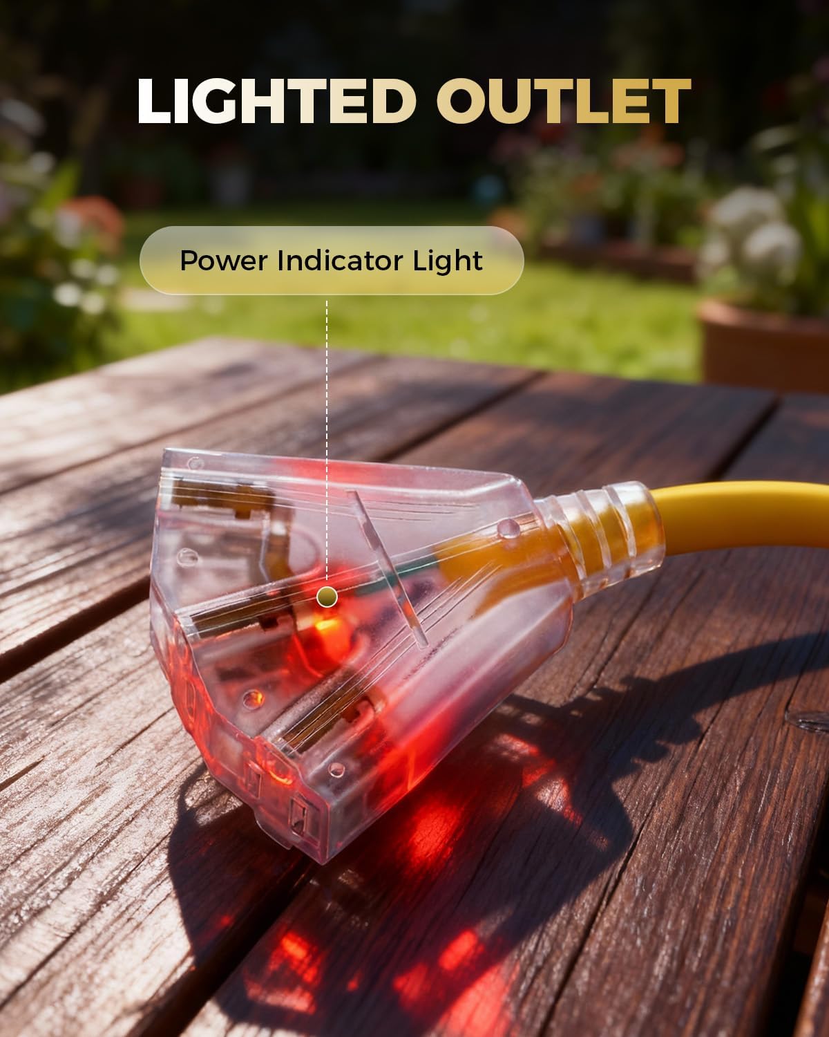 3 FT Auto GFCI Extension Cord Outdoor with 3 Prong Plugs, 12/3 SJTW Heavy Duty Power Cable with Multiple Outlets, 3 Outlets with Indicator Light, UL Listed, Yellow