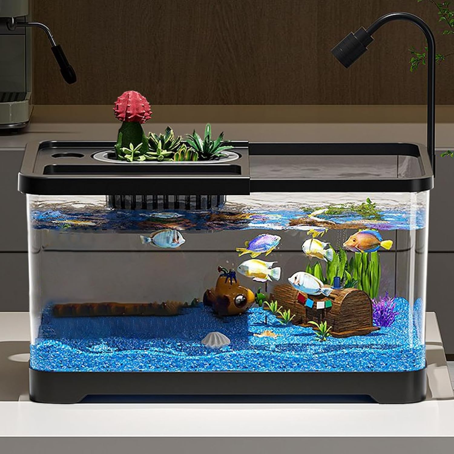 Small LED Aquarium Set, Fish Tank Kit with Tank, Desktop Aquarium with Lid, Plant Growing Dish, Fish Scoop, Food, Aquatic Plants, Enhance Your Visual Appeal