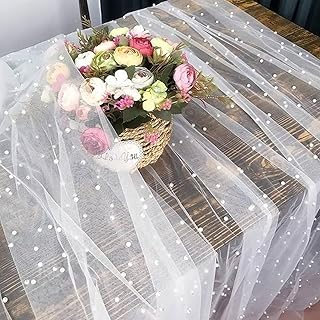 Pearl Table Runner 30 x 120 Inch Wedding Table Decor White Tulle Fabric Lace Dessert Table Cloth Veil Arch Bridal Shower Decorations Tablecloth for Baby Shower Party (White, 30x120 inch-2 Pcs)