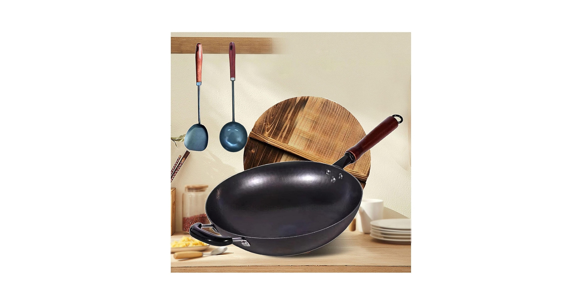 Amazon | 丸底中華鍋, 蓋付き中華鍋 こびりつきにくいノン