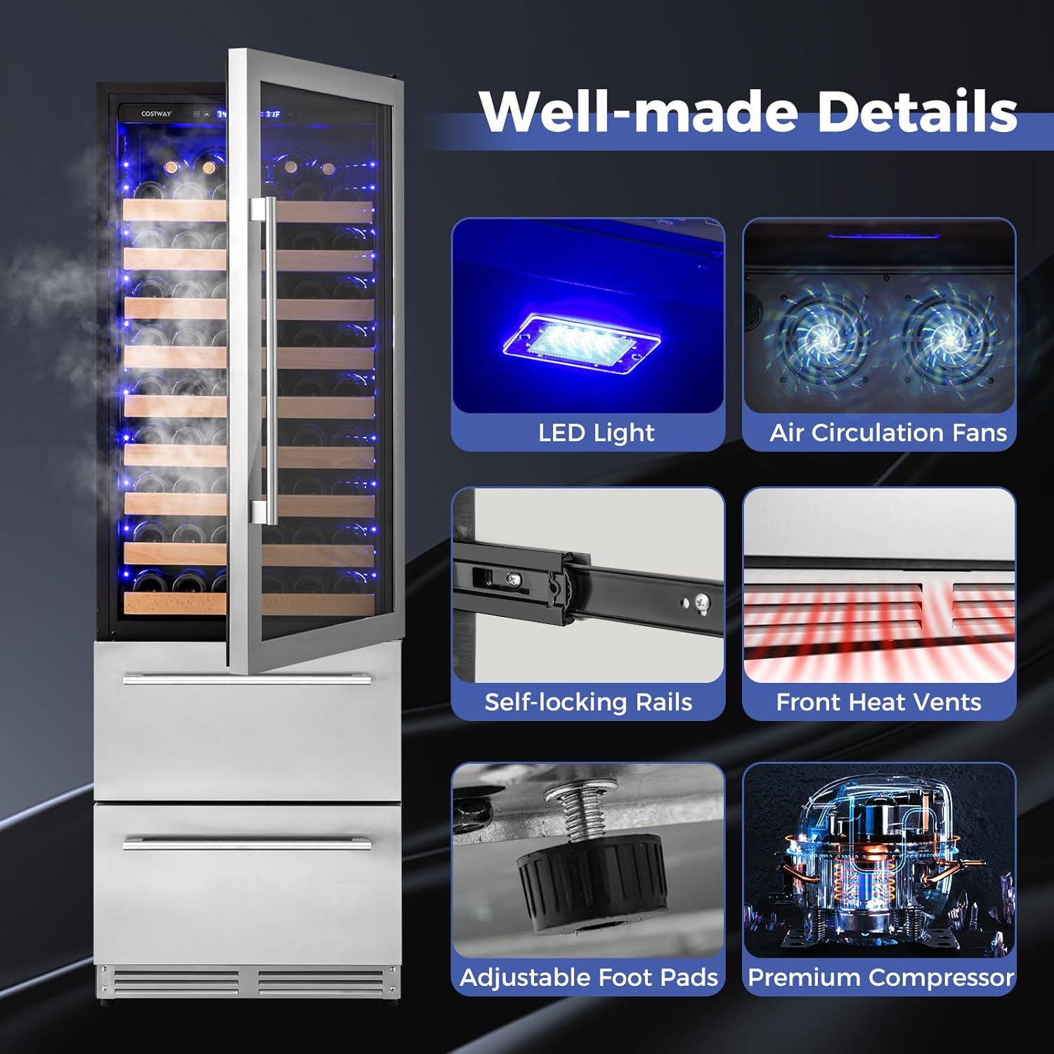 Close-up of various well-made details of the refrigerator, including LED light, air circulation fans, self-locking rails, front heat vents, adjustable foot pads, and premium compressor.