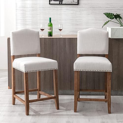 Juego de 2 taburetes de bar tapizados de lino beige de 26 pulgadas, taburete de madera rústica con respaldo, isla de cocina, herramientas de barra