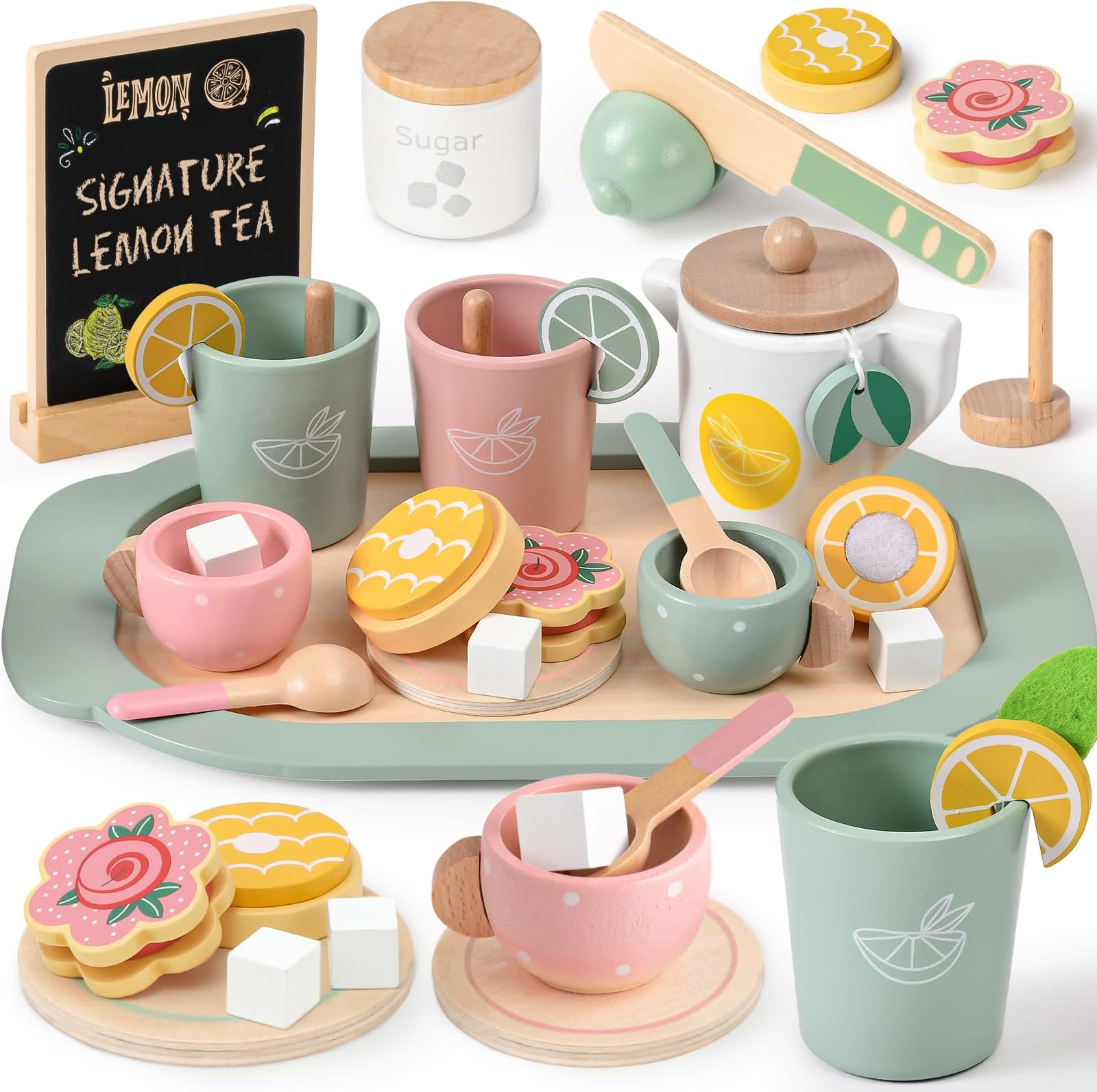 Toyssa Wooden Tea Party Set for Little Girls Toys Toddler Tea Set with Play Kitchen Accessories & Lemonade Stand & Black Board, Wooden Toys for Toddlers Aged 2 3 4 5 6, Birthday Kids Girls Gifts 3+