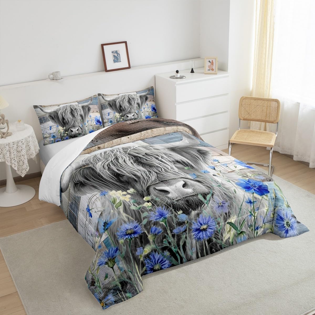 Homewish Highland Cow Comforter Set Queen Size,Colorful Flowers Quilt Set 3pcs for Kids Teens Adults Room Decor,Rustic Farmhouse Barn Wooden Bedding Set Nature Animals Plants Duvet Insert,Blue Grey