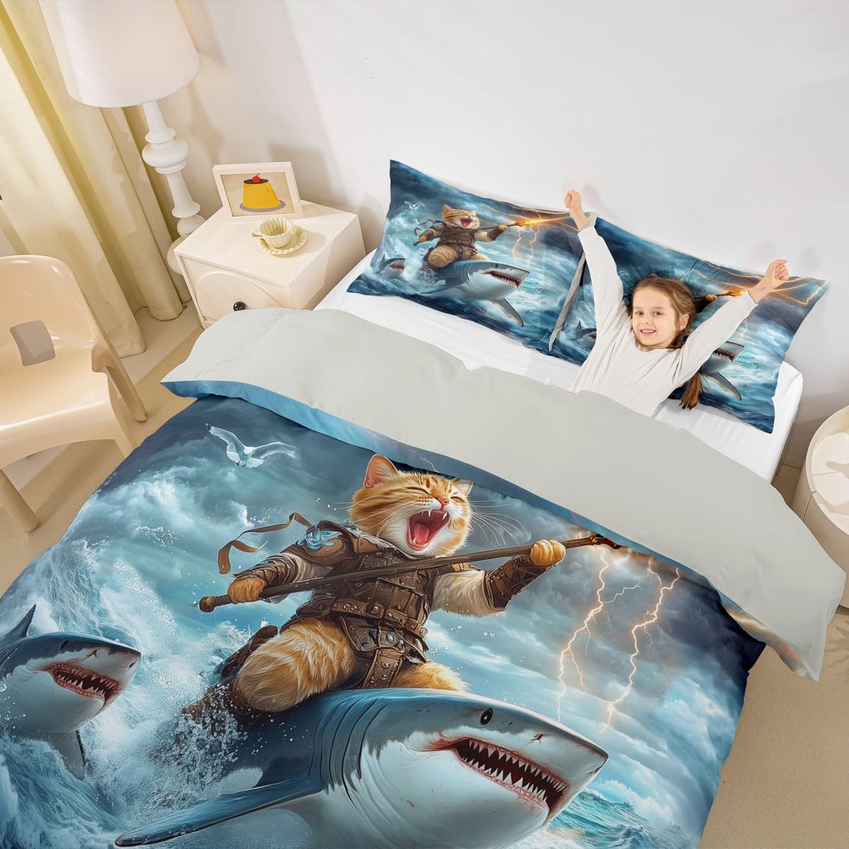 Cool Cat Kids Duvet Cover Set Queen Size,Seagull Shark Sea Ocean Animal Girls Boys Bedding Set,Lighting Art Fantasy Room Decor,Blue Yellow Quilt Cover,2 Pillowcases(No Comforter)