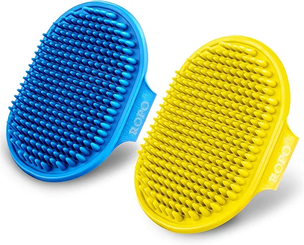 ROPO Dog Bath Brush, Dog Shampoo Brush Soothing Massage Rubber Comb with Adjustable Ring Handle for Long Short Haired Dogs and Cats 2pcs