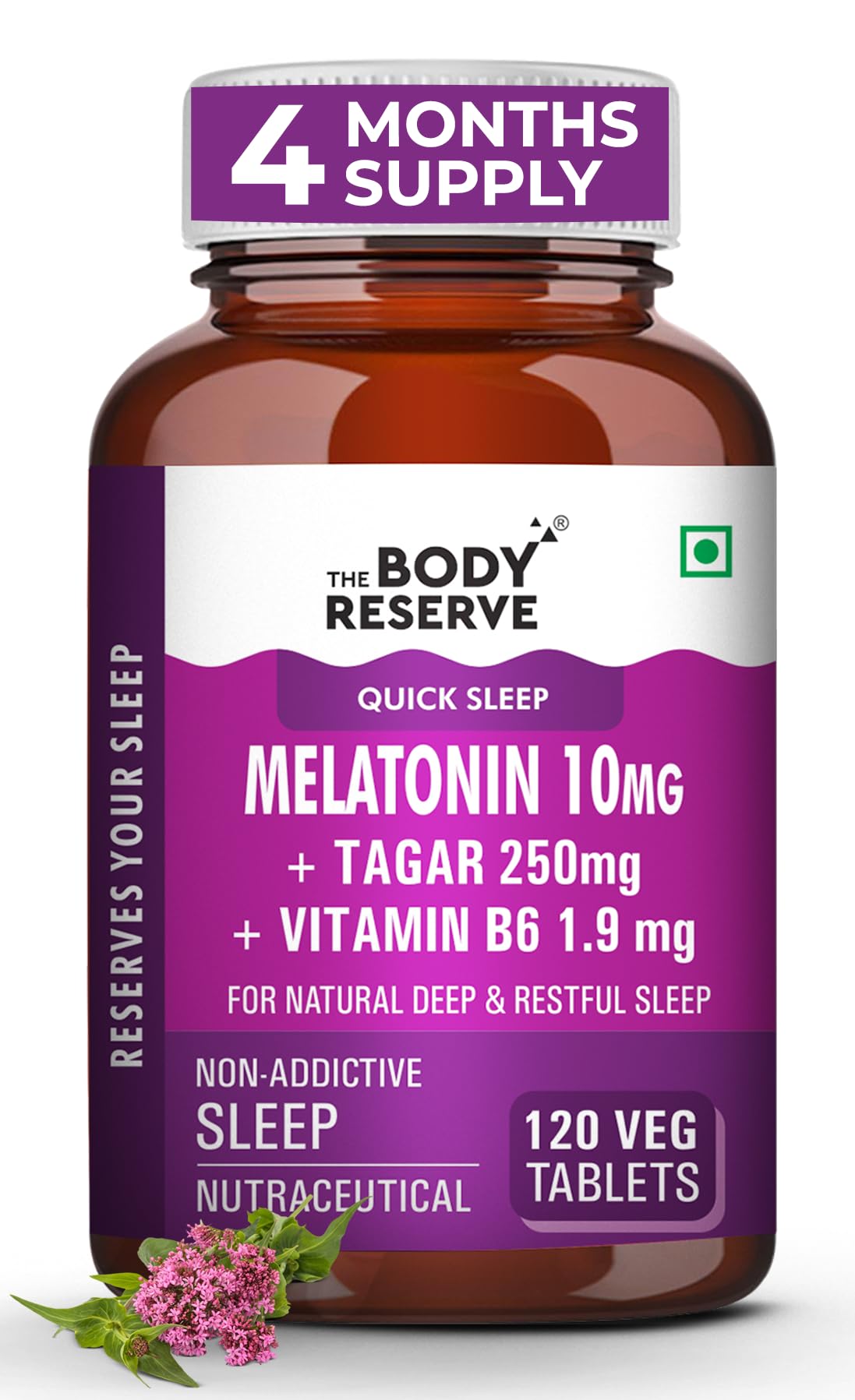 Melatonin 10mg with Tagar 250mg - 120 Veg Tablets for Natural Sleep Aid, Muscle Recovery, Nerve Relaxation, and Stress Relief - Non-Habit Forming Sleep Aid for Men & Women.