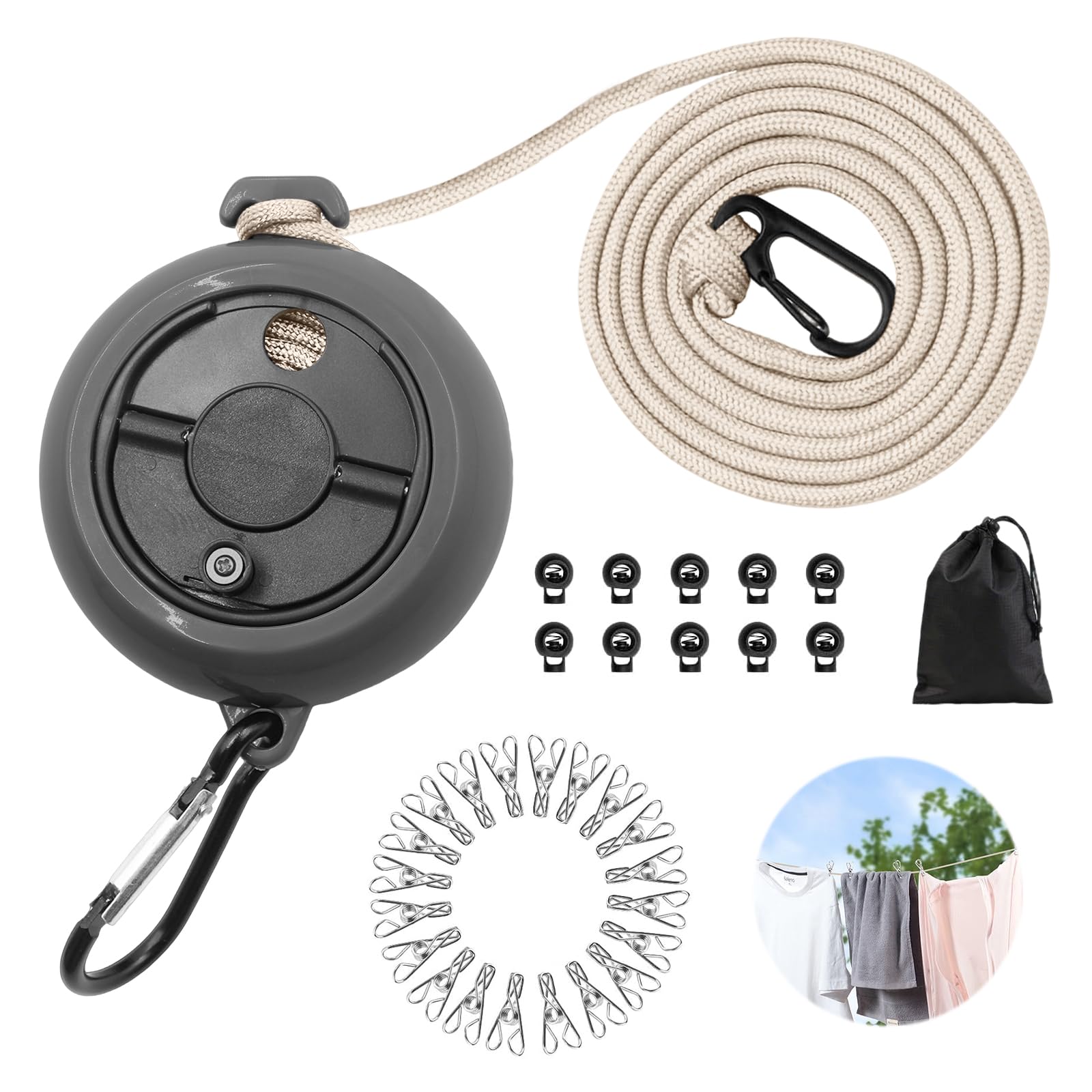 Stendibiancheria Portatile 10 Metri | Con 10 Fibbie E 20 Mollette | Per Balcone, Viaggio E Campeggio - Foto 8