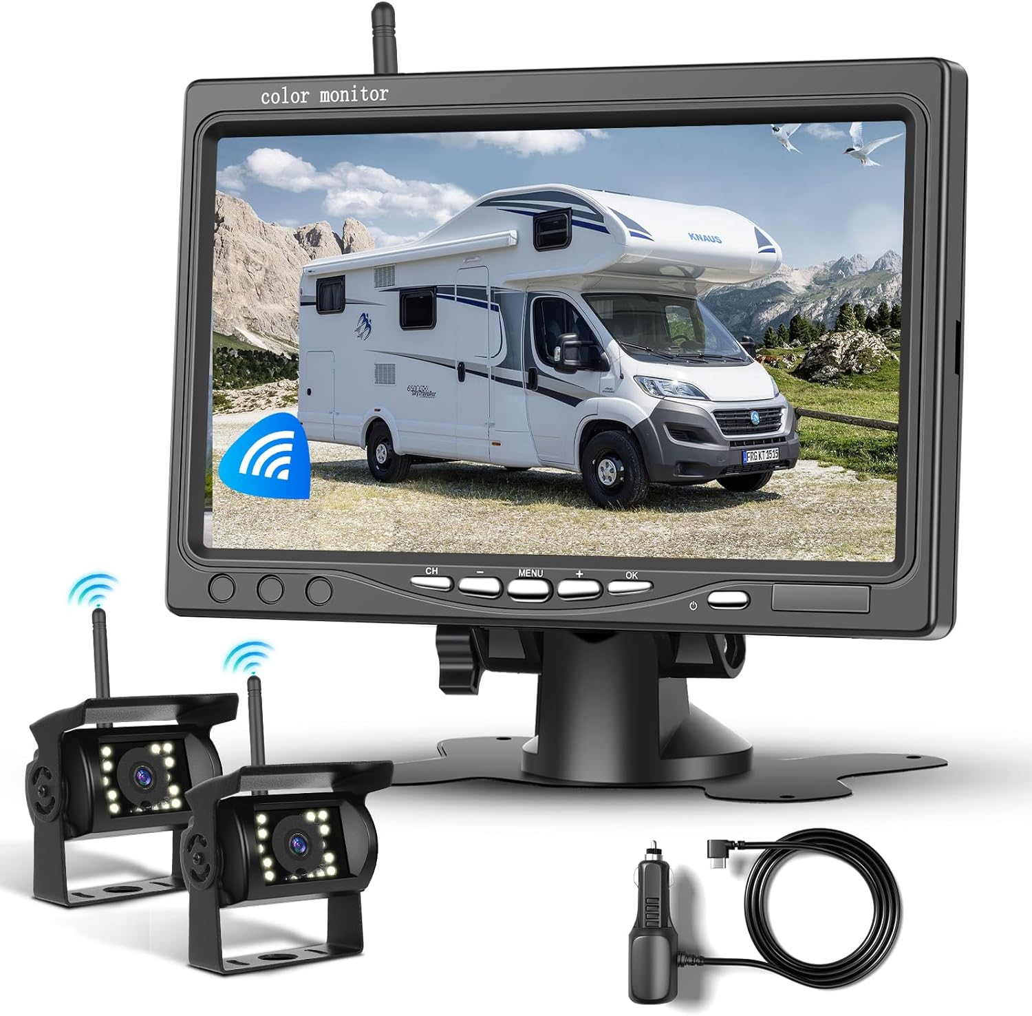 1080P HD Wireless Backup Camera System, 7-inch LCD Monitor with 2 Rearview Camera for Trailer RV Camper Truck Car Bus, DIY Guide Lines, IP68 Waterproof, Night Vision, BSD, 12V-36V