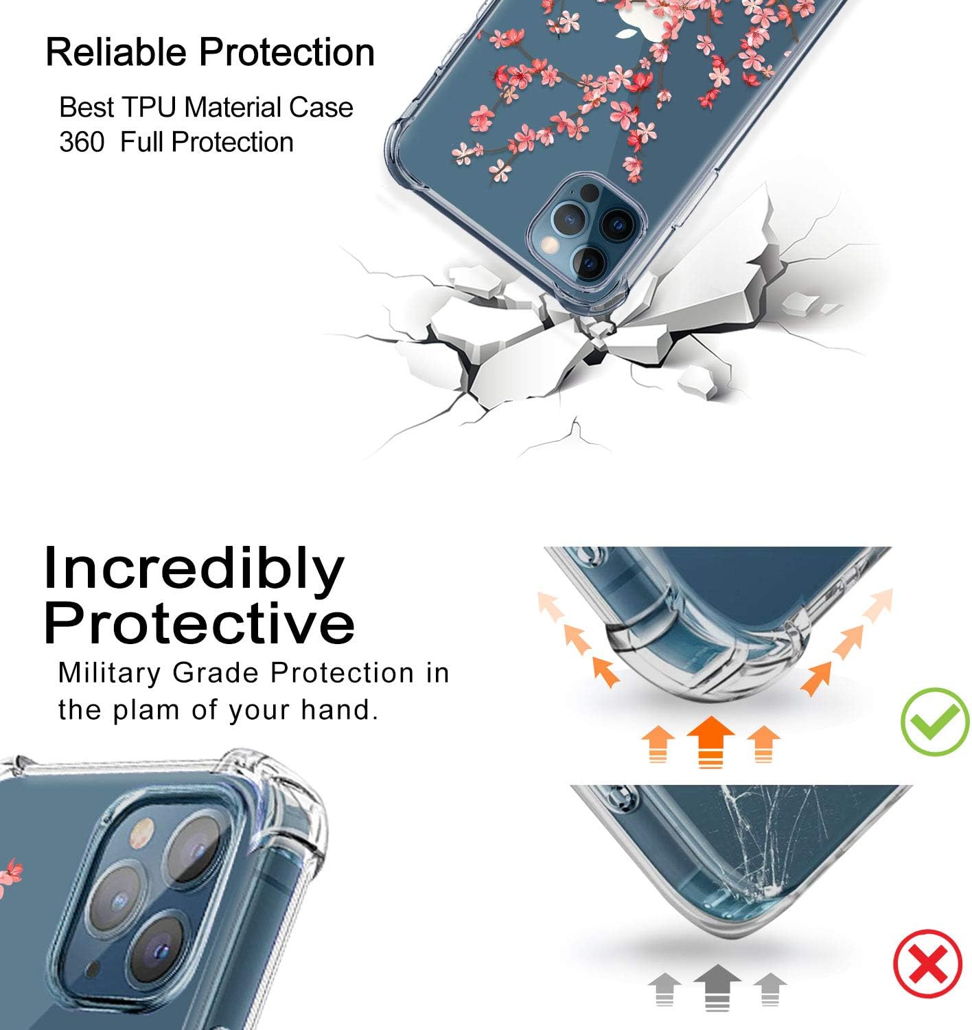 hepix iPhone 12 Pro Max Clear Case 6.7 inch 2020, Cherry Blossom Floral Transparent Flexible Soft TPU Ultra-Thin Cover Flower Bumper Protective Anti-Scratch Camera Protection