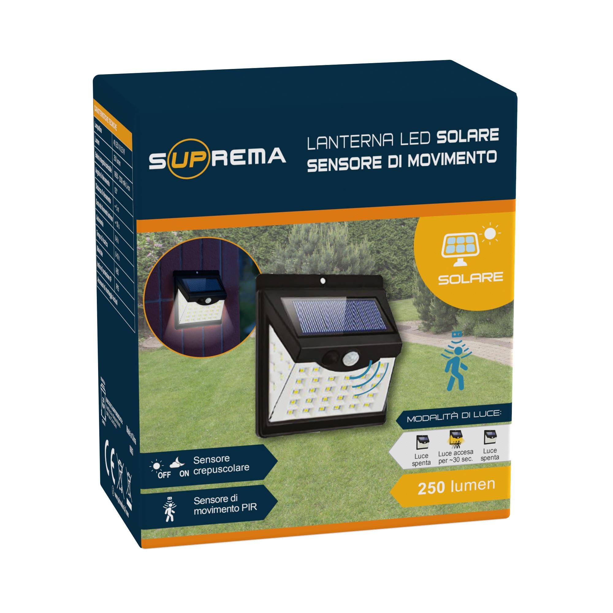 Suprema, Lampada Solare, 6 Pezzi, Faretto LED da Esterno con Sensore PIR e Crepuscolare, IP65, Montaggio Biadesivo, Autonomia 6-8 Ore, Ricarica Solare