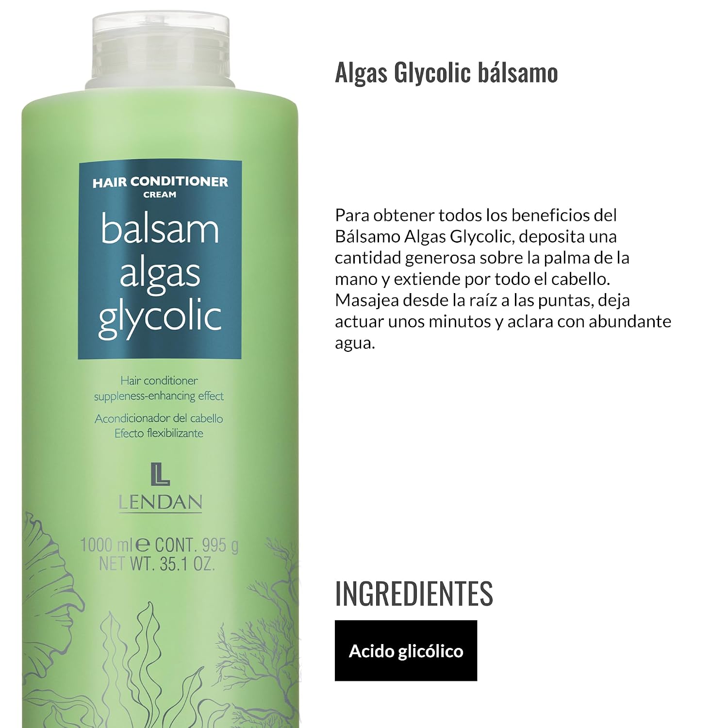Lendan - Hair Conditioner - Glycolic Algae Balm - 1000 ml - For All Hair Types - Nourishes and Repairs Without Adding Weight - Soft and Shiny Hair - Neutralizes Alkaline Residues from Hair Dyes