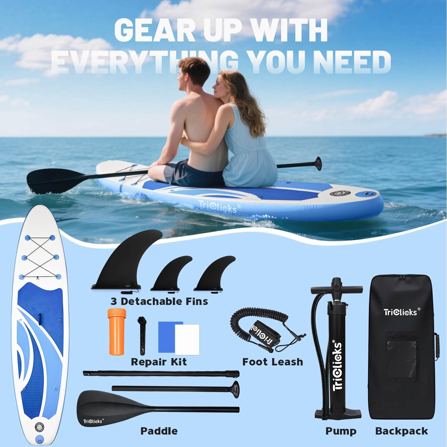 Triclicks Inflatable Stand Up Paddle Board 10ft Surfing Board Kit for Adults, Premium SUP Complete Kit with Adjustable Paddle Hand Pump Fin Leash Backpack