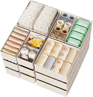 Baumwoll-Leinen-Schubladen-Organizer für Babykleidung, 20er-Pack Mehrgrößen-Kommoden-Unterteiler für Kleidung, Premium faltbare Aufbewahrungsboxen für Schlafzimmer, Schrank und Wickeltisch
