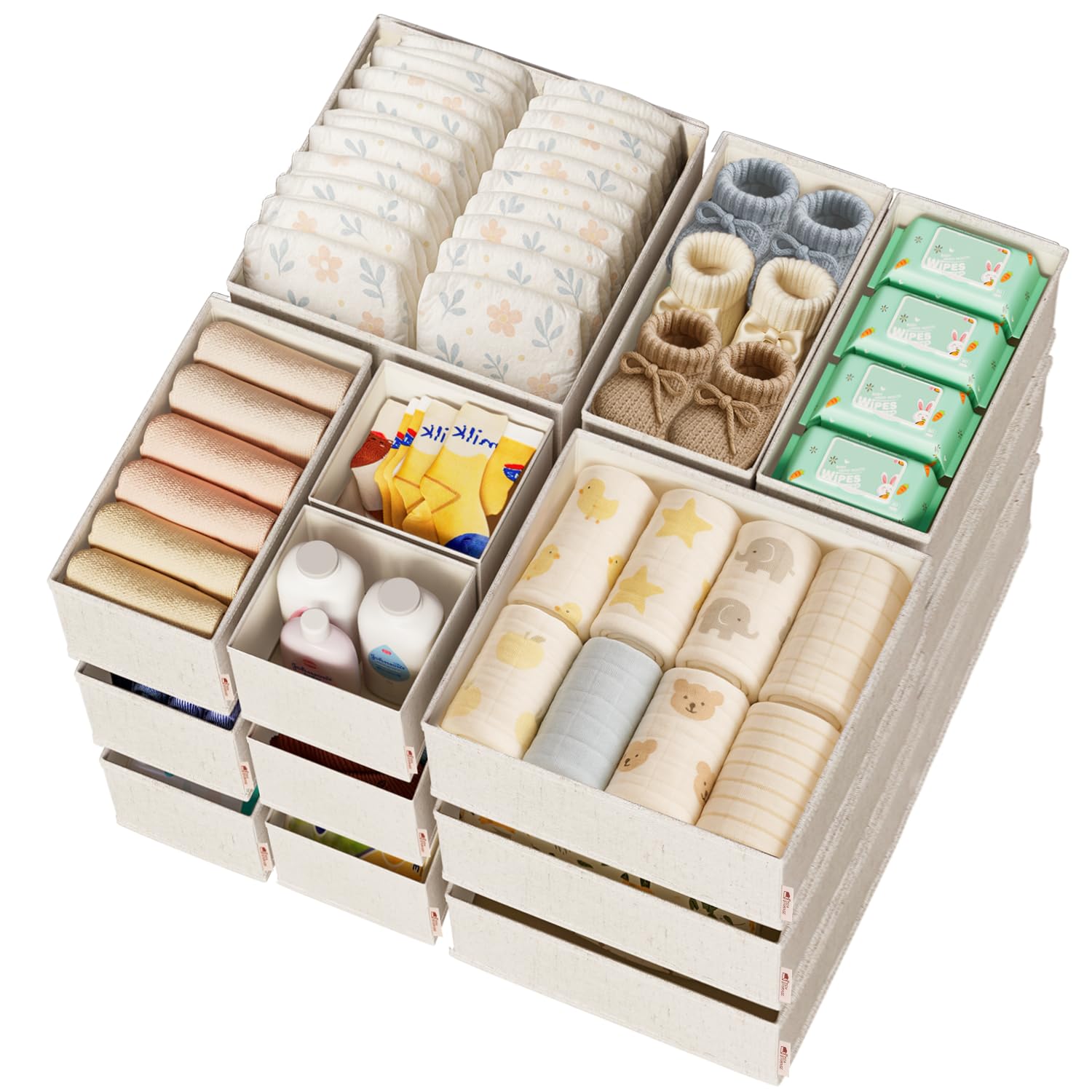 ZenStorage Cotton Linen Drawer Organizers for Baby Clothes, 20Pack Multi-Size Nursery Dresser Dividers for Clothes, Premium Foldable Storage Bins for Bedroom, Closet and Diaper Table, Beige