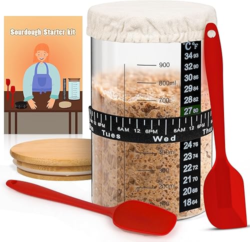 Kit de inicio de masa madre de 2 paquetes con tarro de vidrio de 32 onzas, kit de tarro de inicio de masa madre con termómetro, banda de fecha de