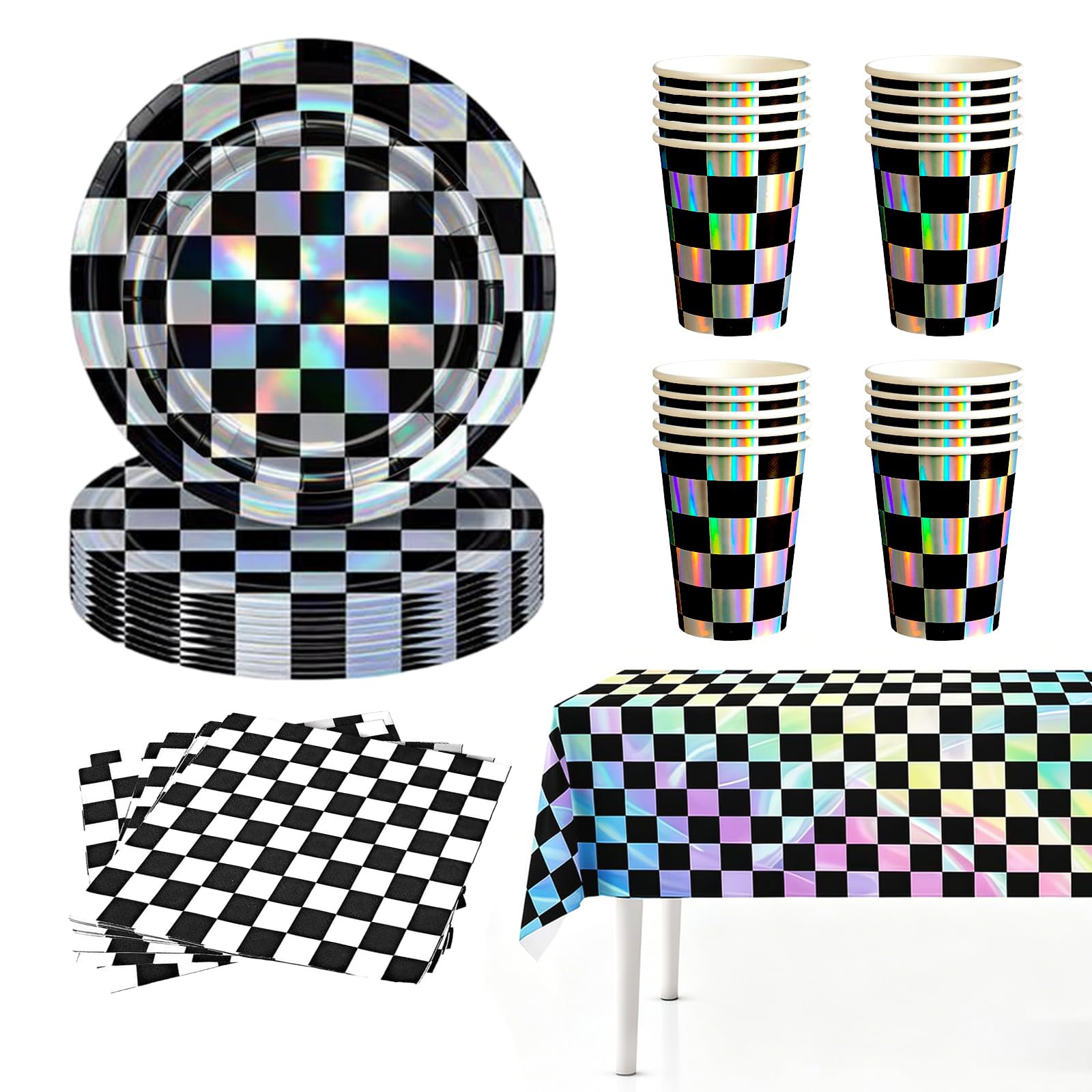 81P Colorful Laser Foil Paper Party Tableware Set,Black White Checkered Sparkling Party Paper Plates Napkins Cups for Birthday,Sparkling Tablecloth for Christmas Dinnerware Wedding,Baby Shower Party