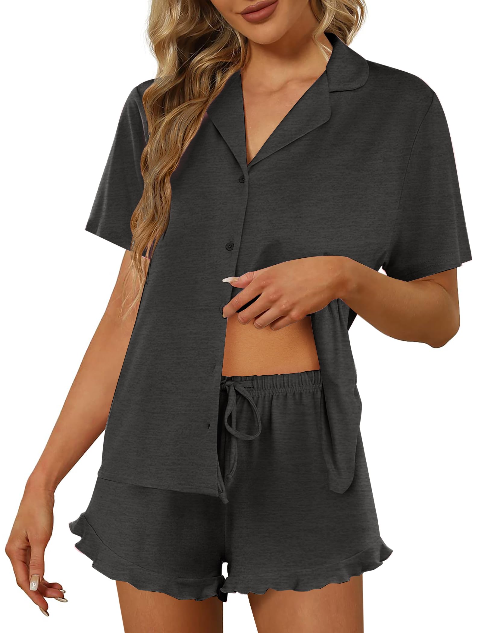 Ekouaer Pajamas Set for Women Short Sleeve Sleepwear Button Down Pjs Lounge Sets Soft Nightwear