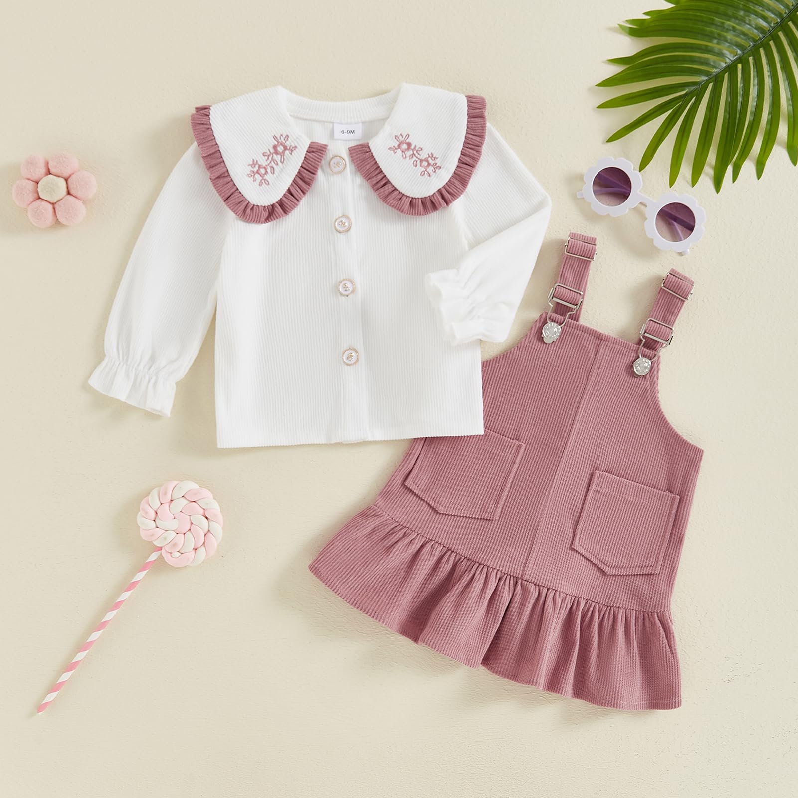 Gaono Baby Girl Fall Winter Clothes Overall Dress Long Sleeve Button Doll Collar Shirt Suspender Skirts Cute Toddler Outfit (Pink, 12-18 Months)