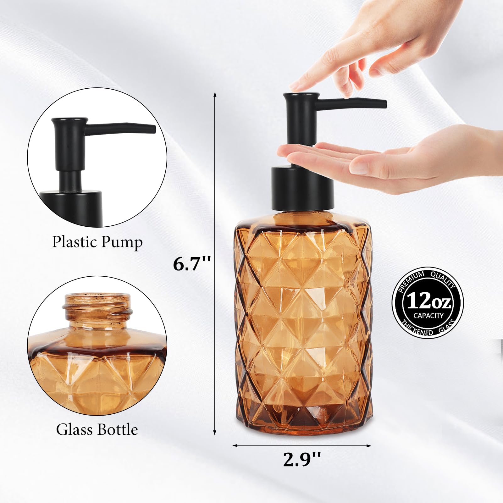 Dispenser di sapone in vetro ambrato, confezione da 2, per bagno, 350 ml, trasparente, per mani e piatti, con pompa, per cucina