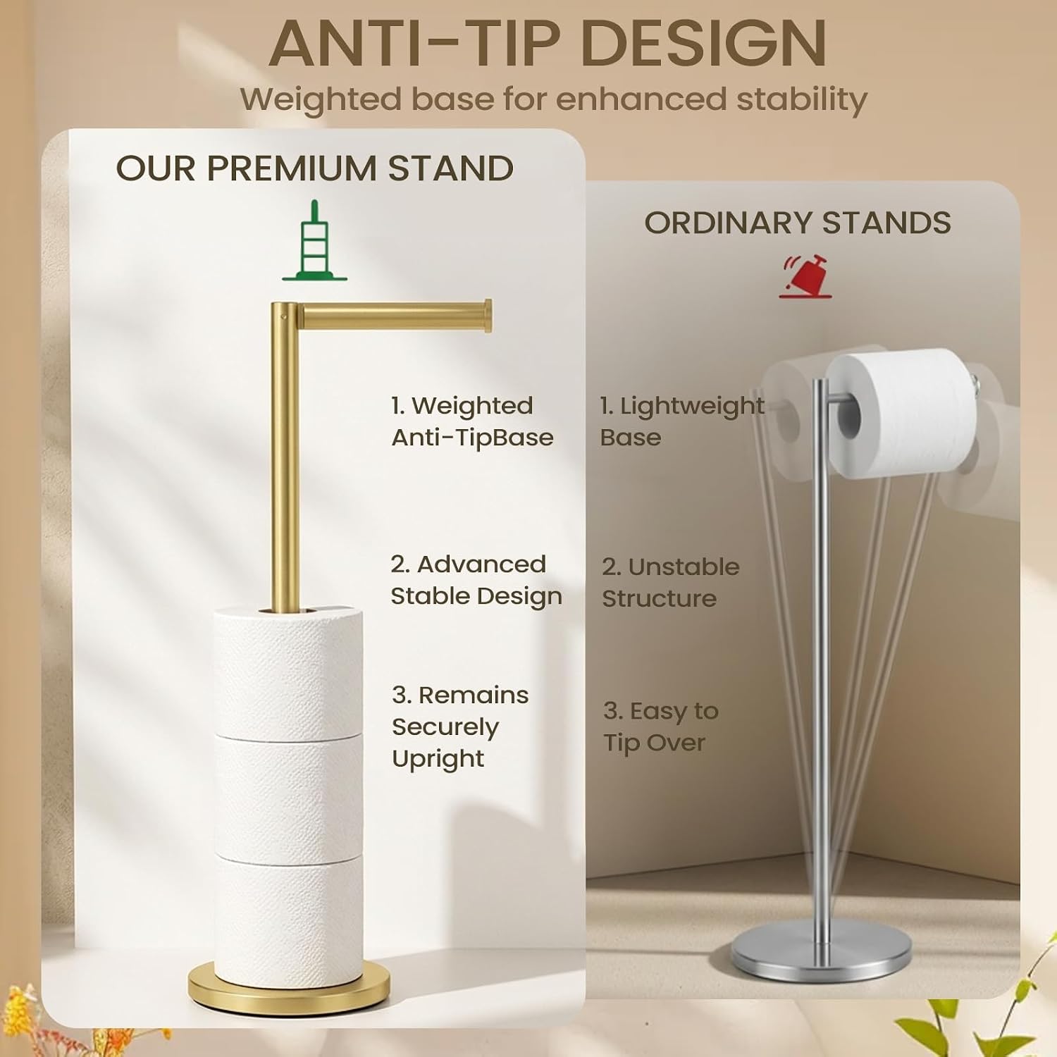 Toilet Paper Holder Stand Freestanding Tissue Roll Holder for Bathroom, Rustproof Stainless Steel Toilet Paper Storage with Reserve for Bathroom Apartment Guest Room Space-Saving,Gold