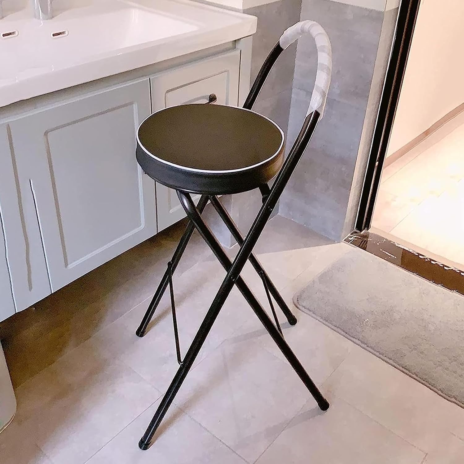 YHNNH Portable Padded PU Folding Stool, High Stool with Footrest, High Chair for Outdoor Camping, for Adults, Kitchen Island (Black 1pcs,65cm/26in)