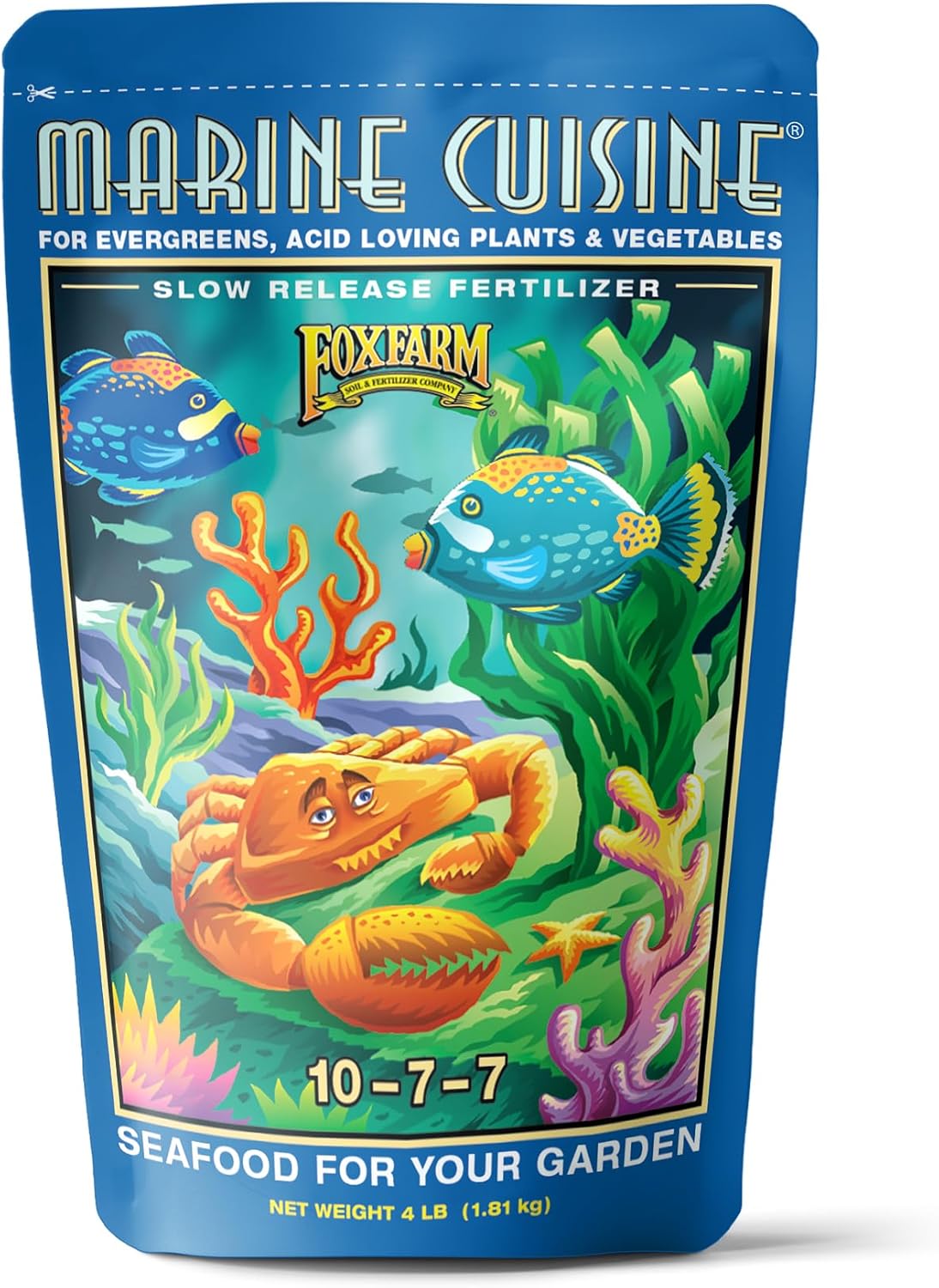 FoxFarm Marine Cuisine All Purpose Fertilizer - 10-7-7 Ocean-Based Plant Food with Crab Meal, Seabird Guano - Slow Release Fertilizer for Vegetables, Flowers, Roses & Container Plants - 4 lb