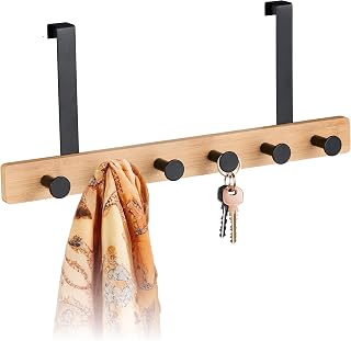 Relaxdays Türgarderobe, 6 Haken, Hakenleiste zum Einhängen, für 2 cm Tür, Bambus & Metall, Kleiderhaken, Farbwahl