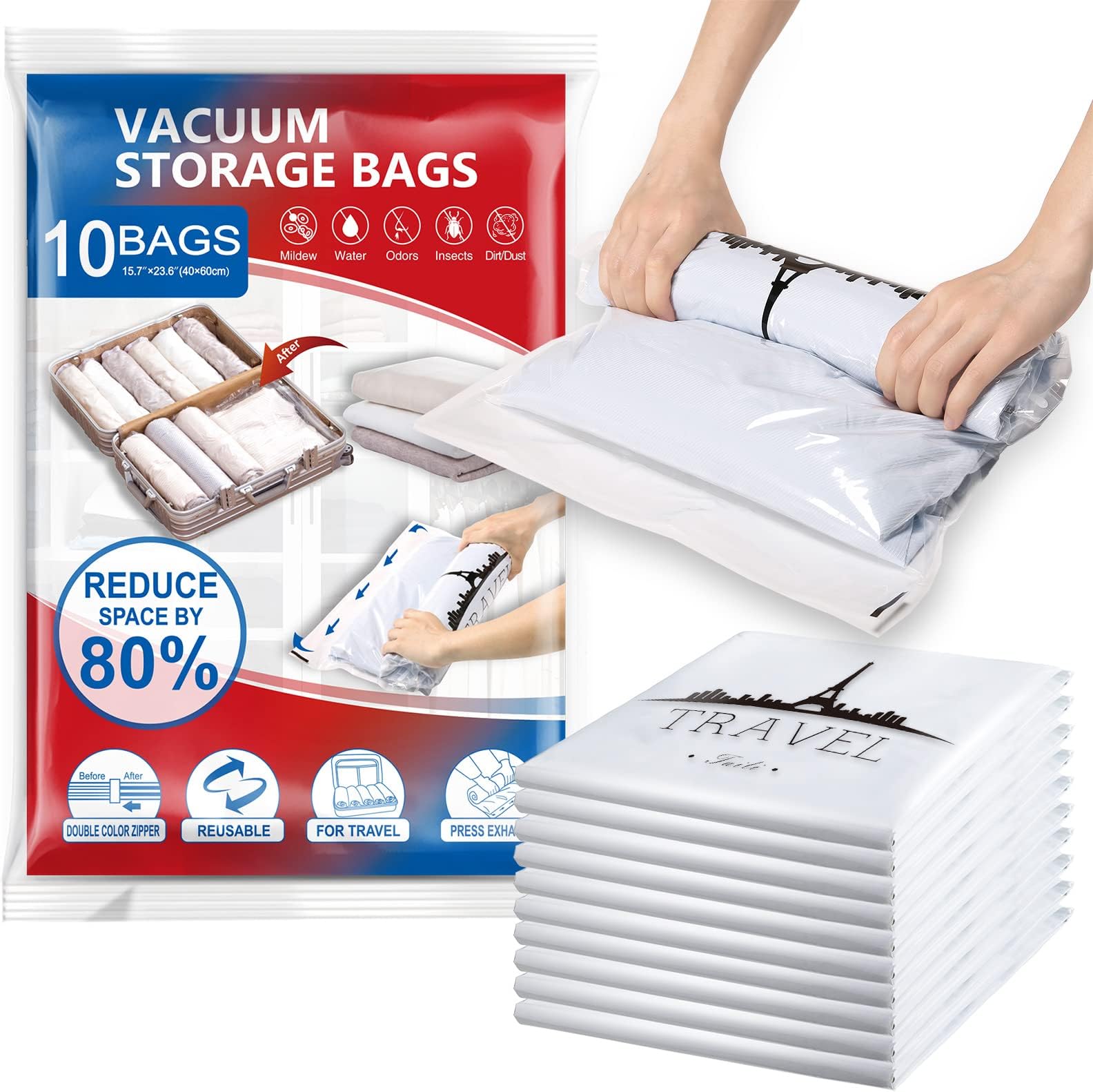 TAILI Small Vacuum Bags for Clothes Travel Vacuum Storage Bags 10 Pack (40 X 60CM) Reusable Saves 80% of Storage Space Saver for Clothes, Bedding, Travel, Moving