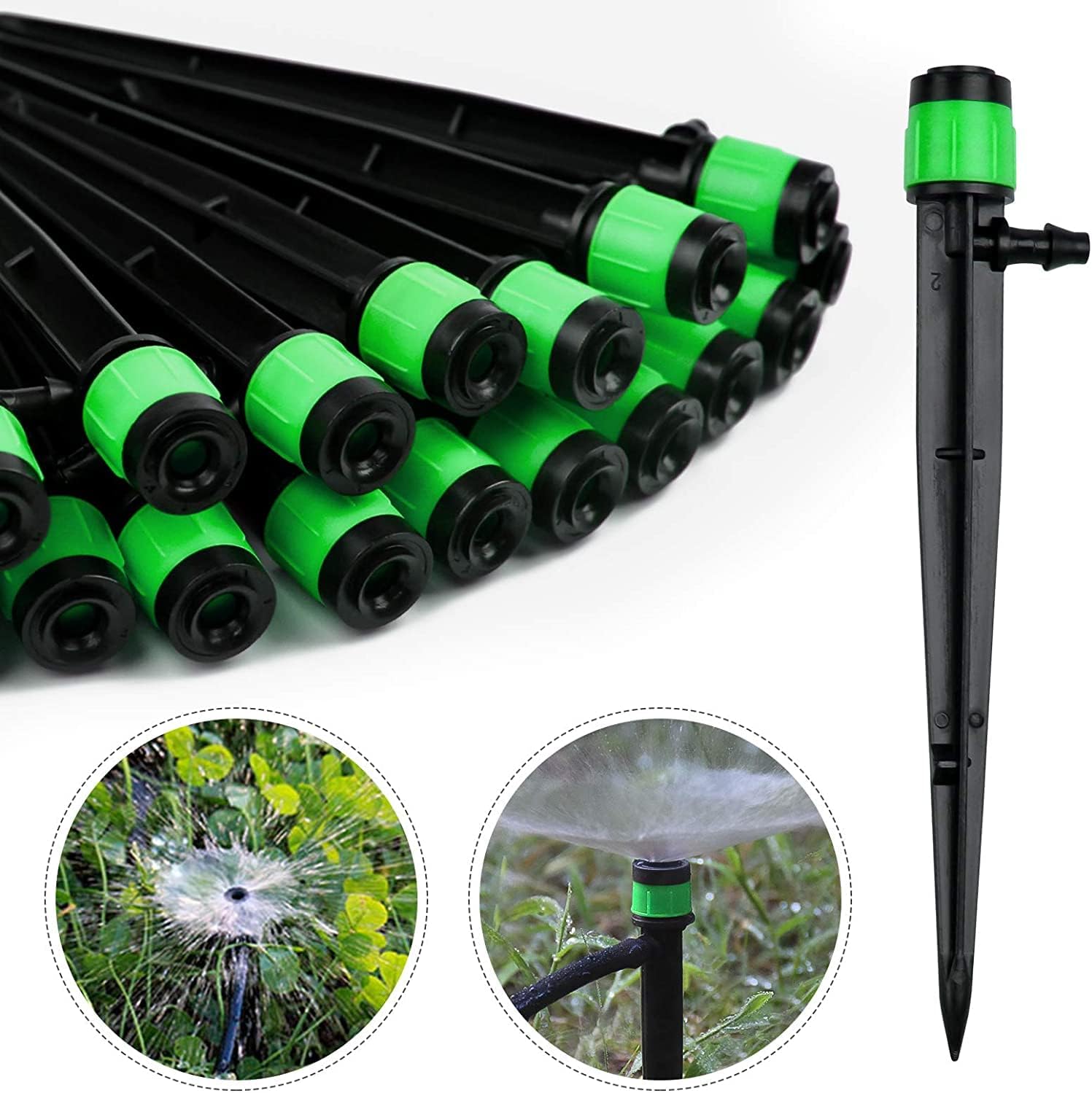 Kalolary 100pcs Irrigation Drippers Drip Emitters, 360 Degree Adjustable Irrigation Drip Drippers Fits 1/4 (4-6mm) Irrigation Tube, for Water Flow Irrigation System (Green)