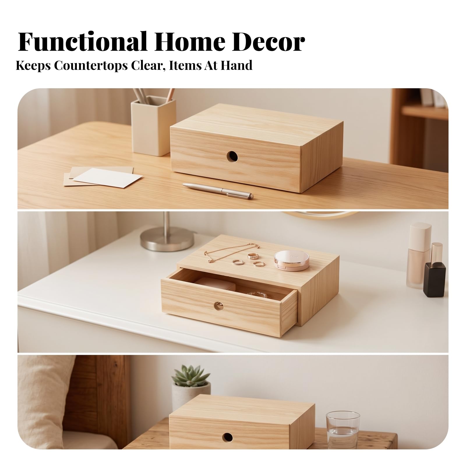 Portapenne E Organizzatore in Legno per Scrivania con Cassetto per Accessori E Oggetti Piccoli Scatola Rettangolare con Buco Tondo per Dito Adatto per Scrivania E Comodino