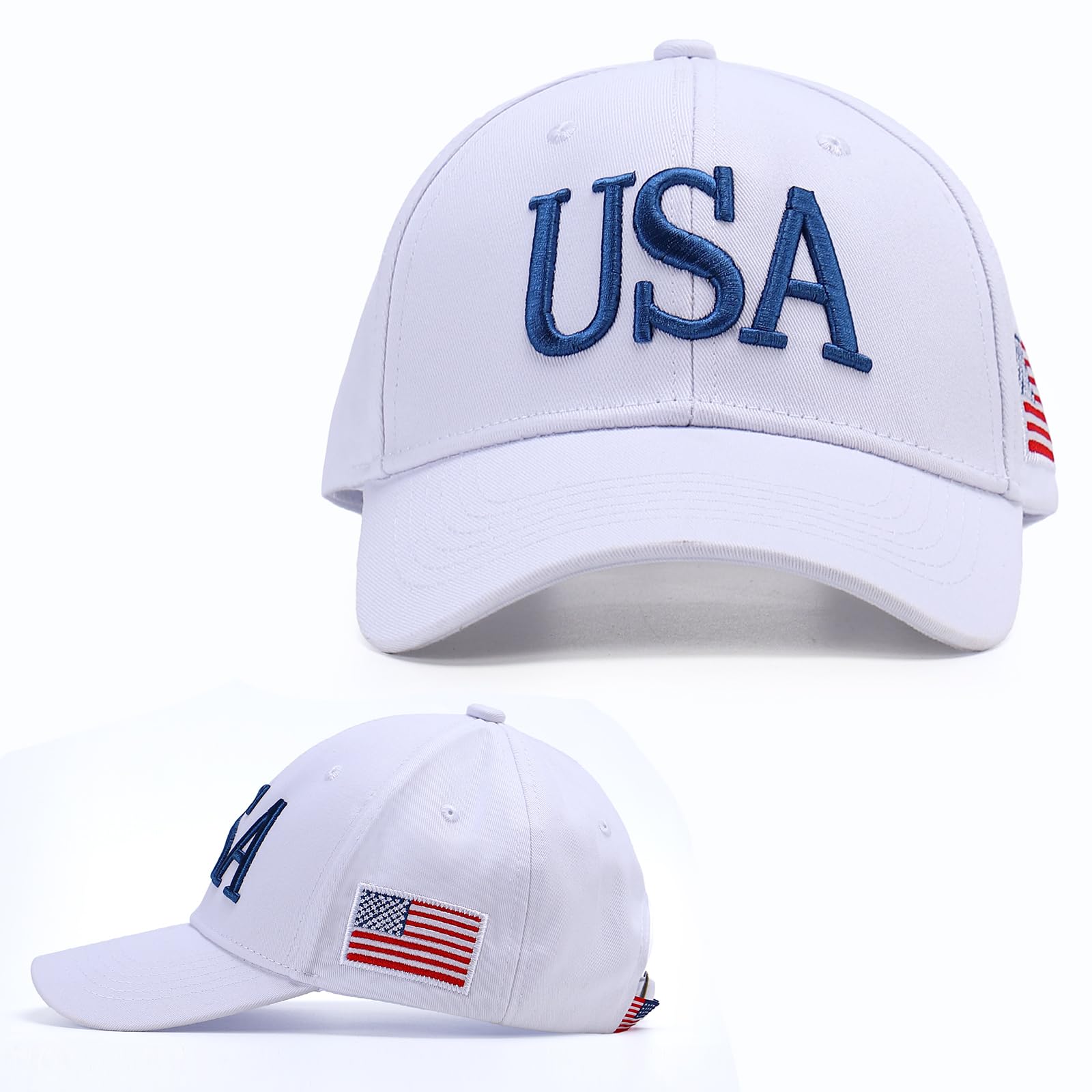 USA Trucker Hat for Men & Women American Flag Cap Adjustable Baseball Cap Mesh Snap Patriotic 3D Embroidered Cap (White-Blue)