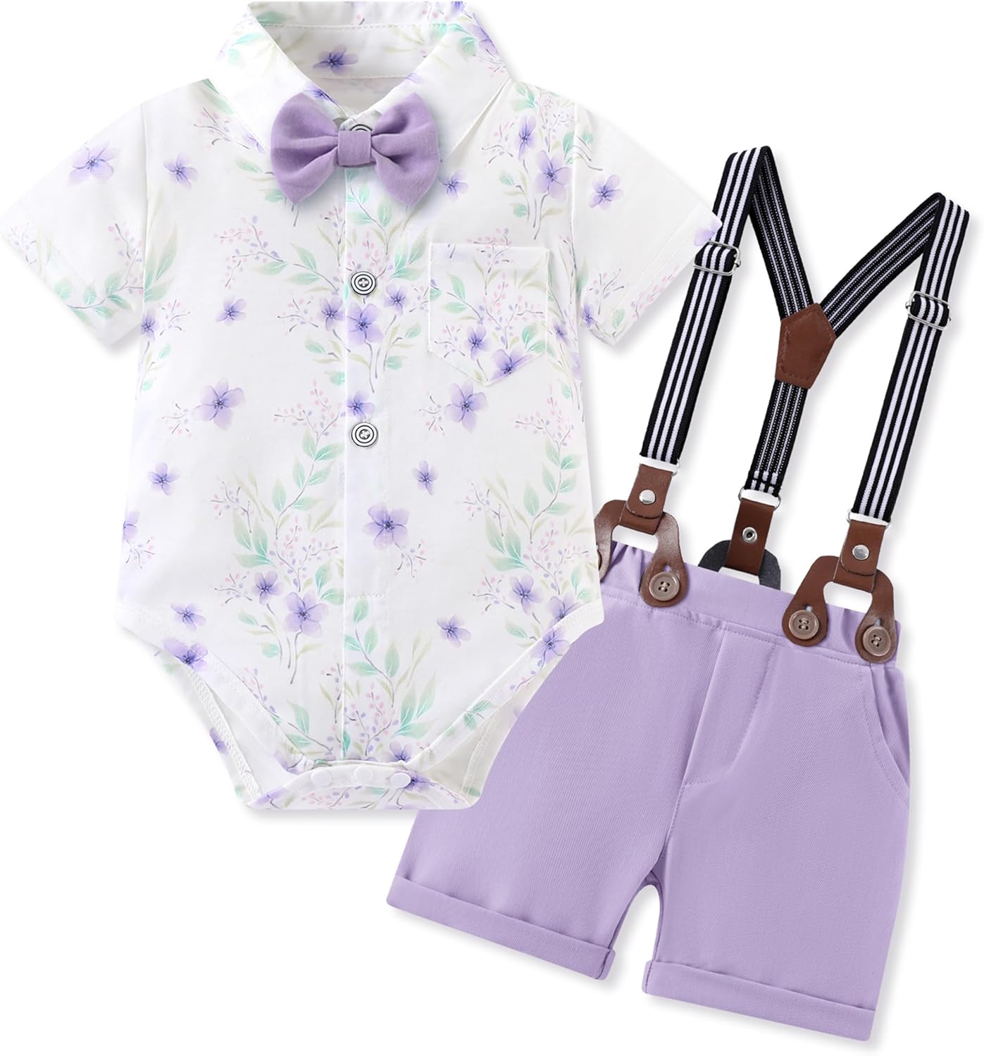 WESIDOM Baby Boy Clothes Suit 0-24 Months Gentleman Outfits, Short Sleeve Dress Romper+Bowtie+Detachable Suspender Shorts Set