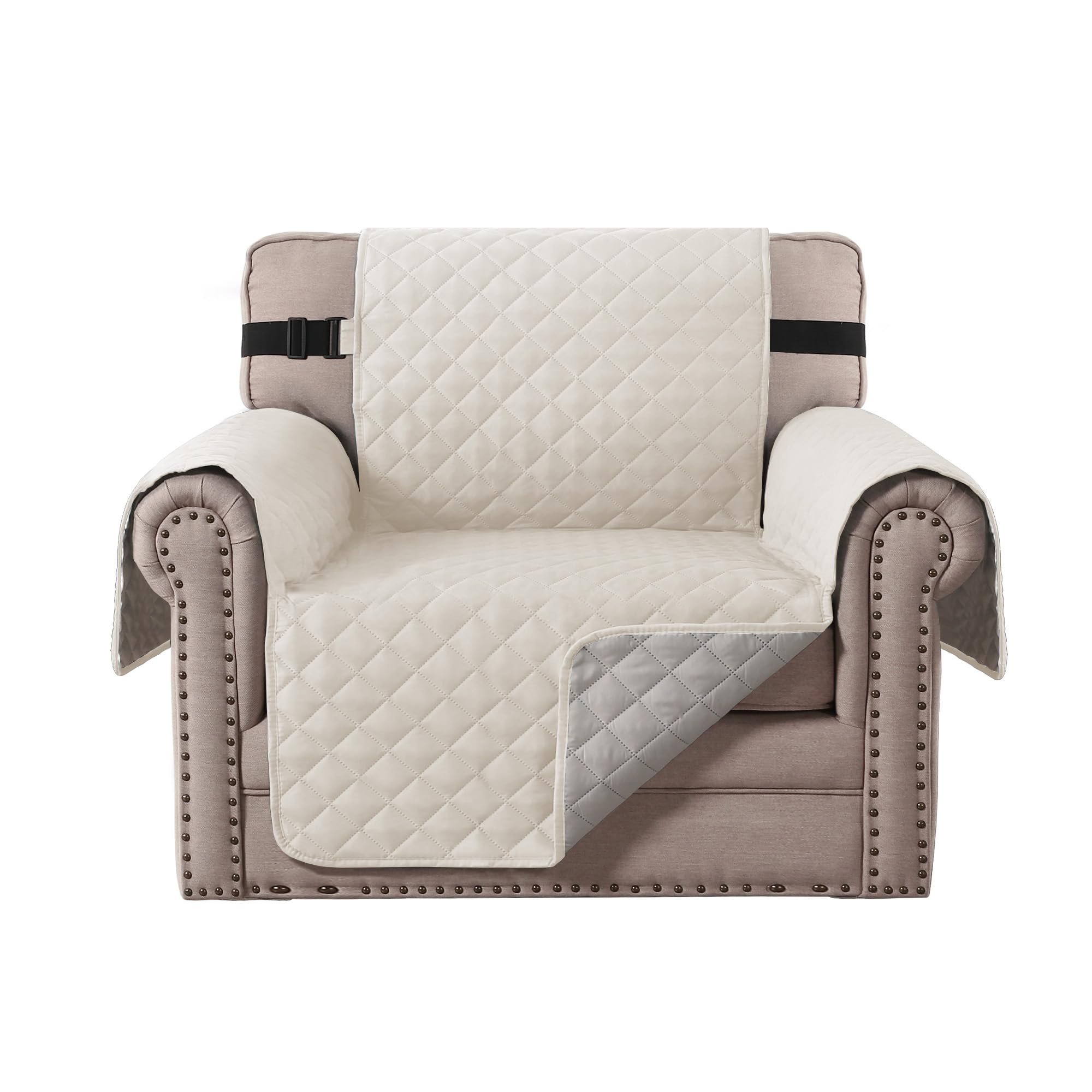 BellaHills Sofa Cover Reversible Armchair Covers Water Repellent Sofa Slipcover from Pets Couch Covers for Cats Checked Pattern Thick Quilted with Elastic Strap (Chair