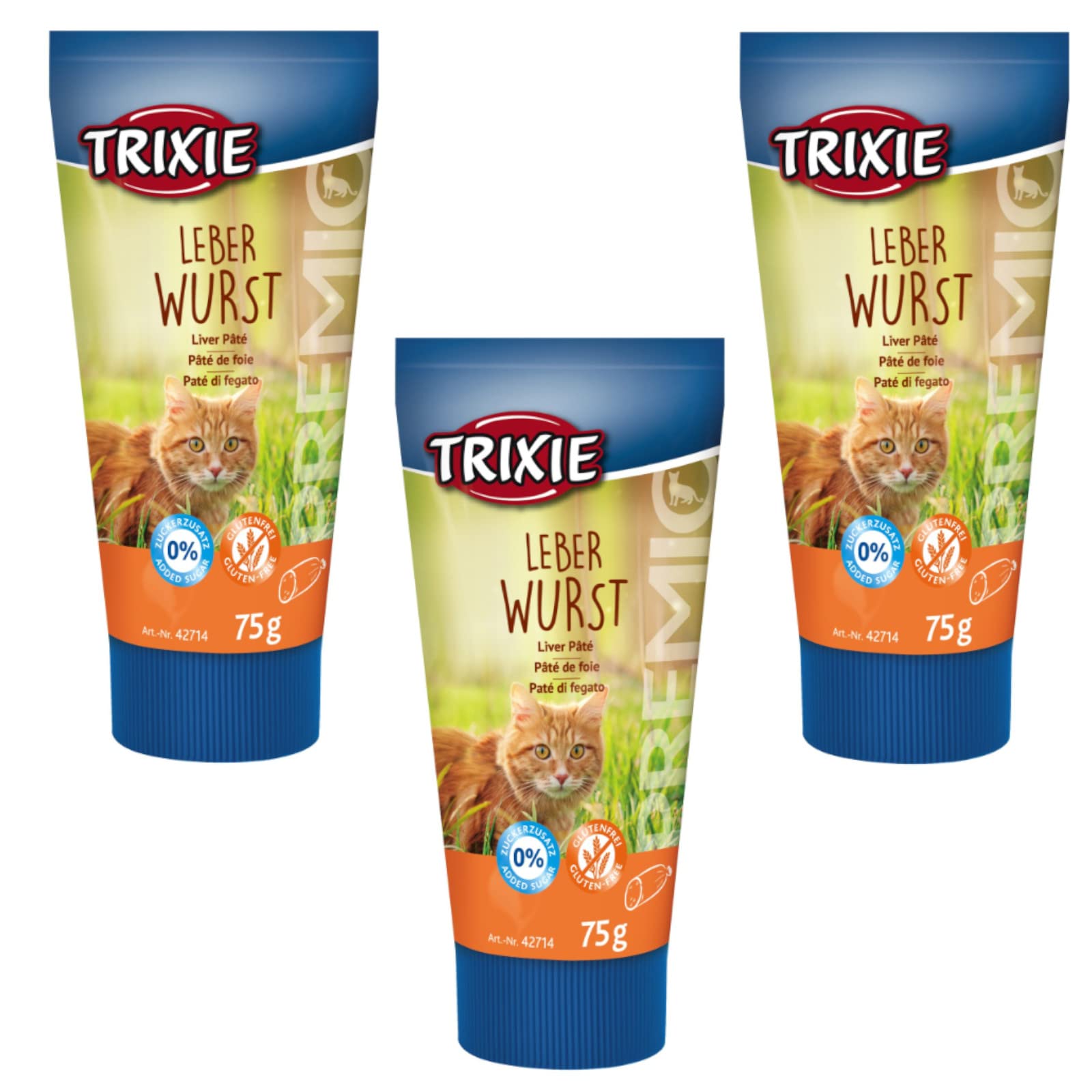 Trixie PREMIO Leberwurst für Katzen | 3er Pack | 3 x 75 g | Schmackhafter Snack für Katzen | Mit reduziertem Salz- und Gewürzgehalt | Mit Taurin zur Unterstützung der Sehkraft