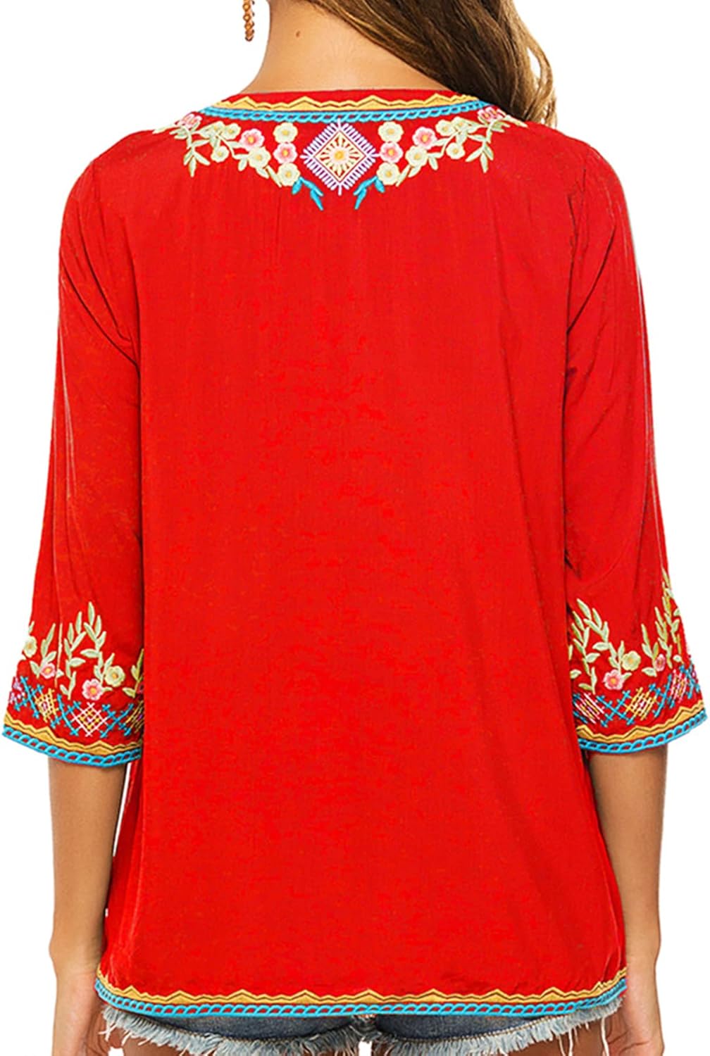 LauraKlein Women's Boho Embroidered Peasant Tops 3/4 Sleeve V Neck Mexican Bohemian Shirts Tunics Blouses - Image 5