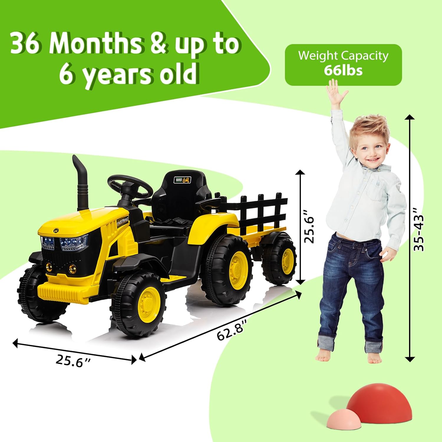 Acekool Kids Ride on Tractor with Remote Control, 12V Battery Powered Electric Tractor and 35W Dual Motors for Kids Bluetooth Music/USB, Safety Belt, 3-Gear-Shift, 7-LED Lights, Yellow