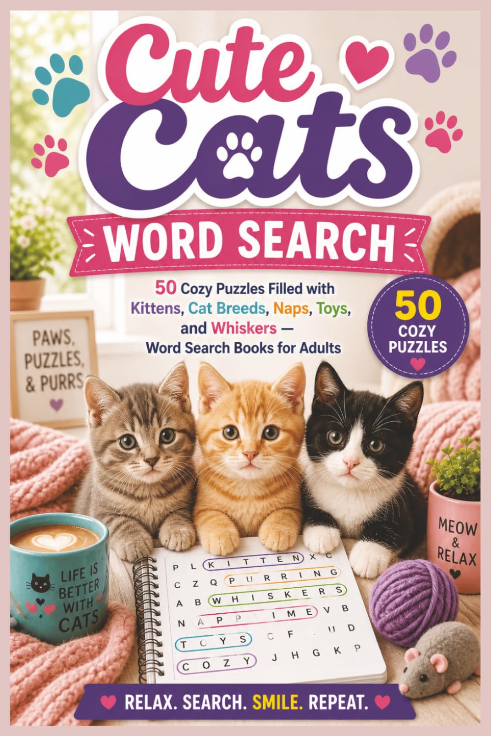 Cute Cats Word Search: 50 Cozy Puzzles Filled with Kittens, Cat Breeds, Naps, Toys, and Whiskers — Word Search Books for Adults (Word search books collection)