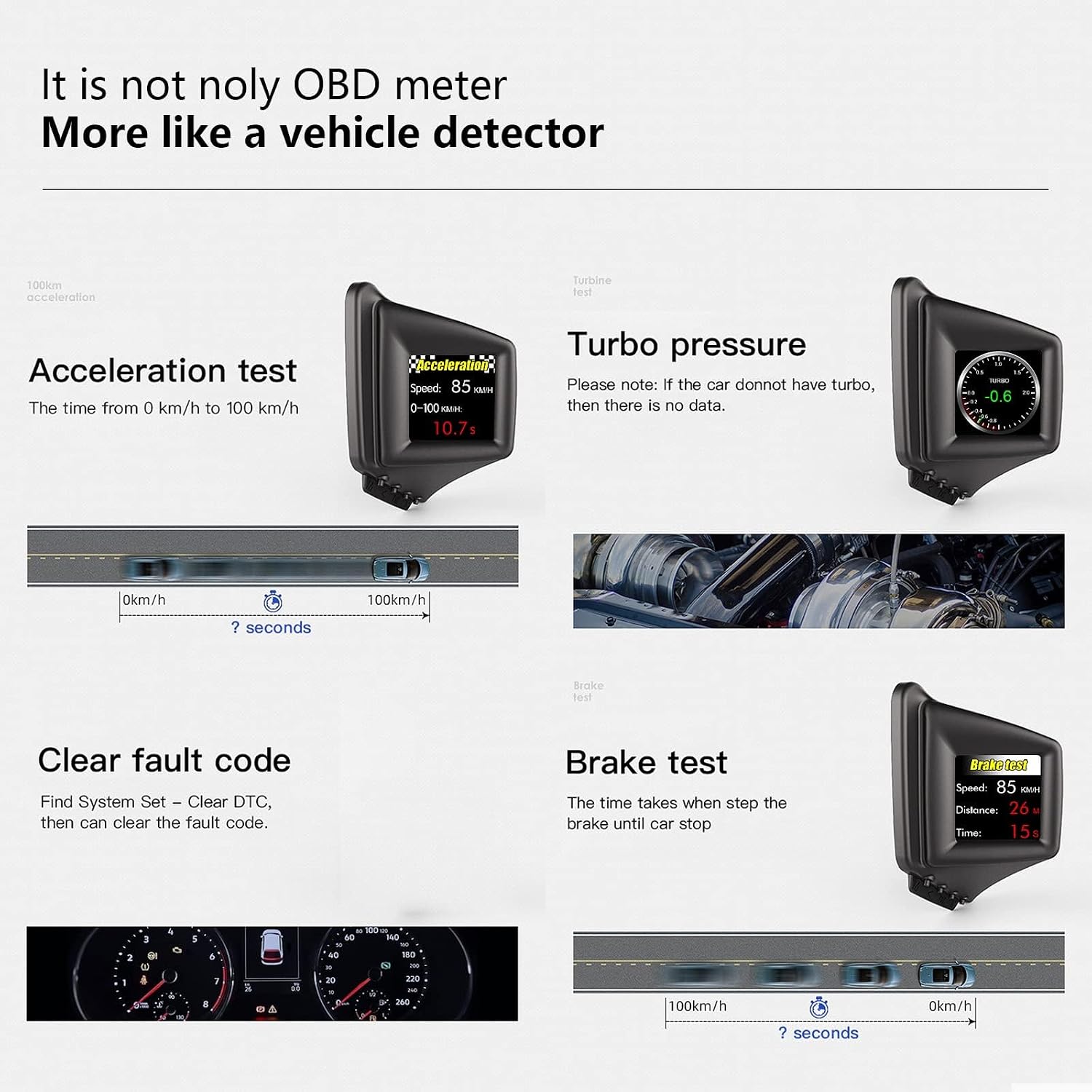 Detailed view of acceleration test, turbo pressure, clear fault code, and brake test functions on the display.