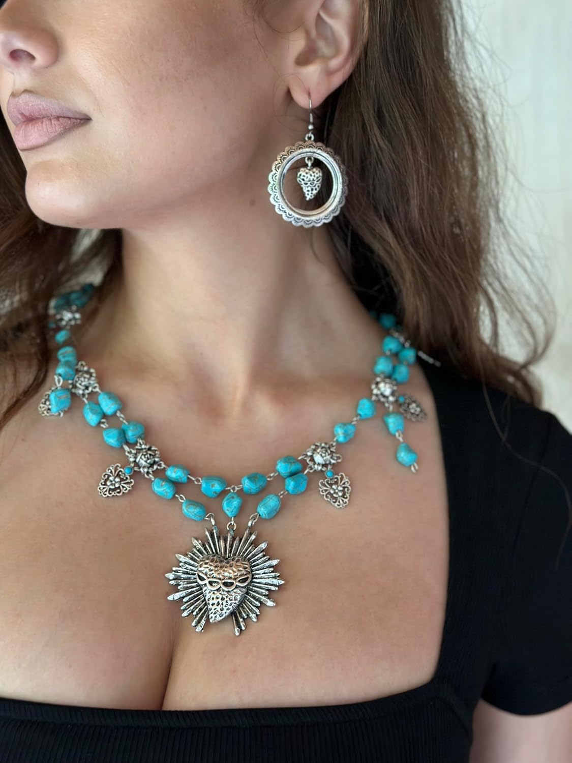 Montana West Wrangler 3 Pieces Jewelry Set for Women Western Cowgirl Necklace Earring Set.