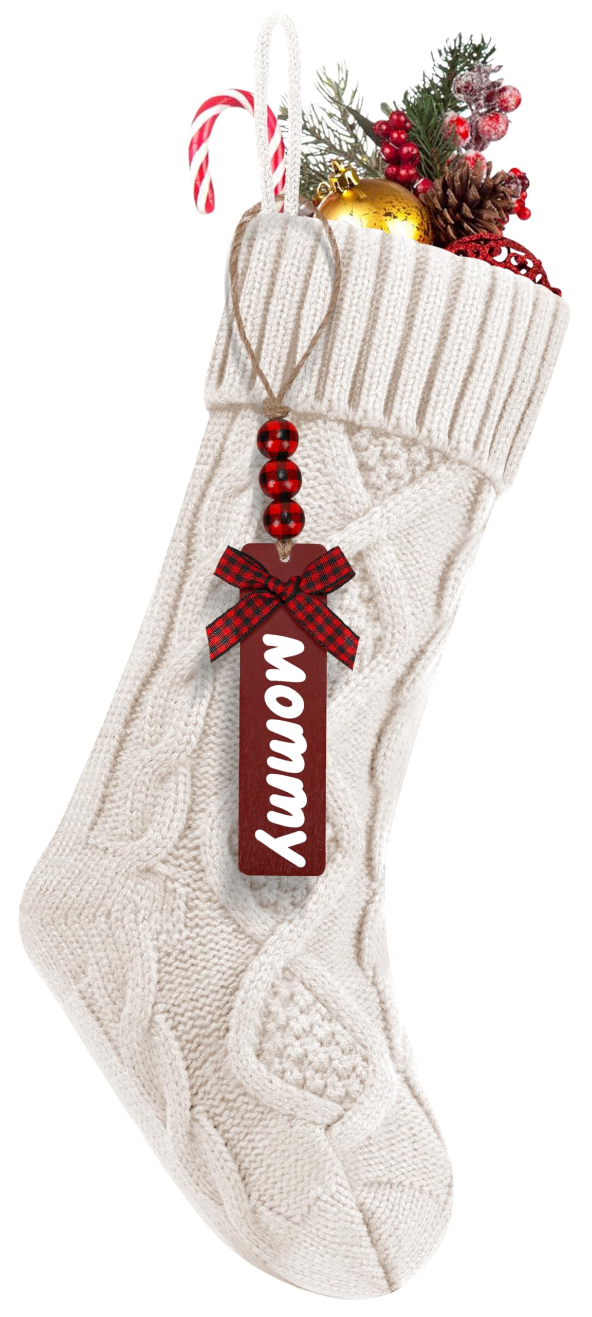 Chaussette de Noël personnalisée tricotée blanche de 45cm avec étiquette en bois pour déco de fête
