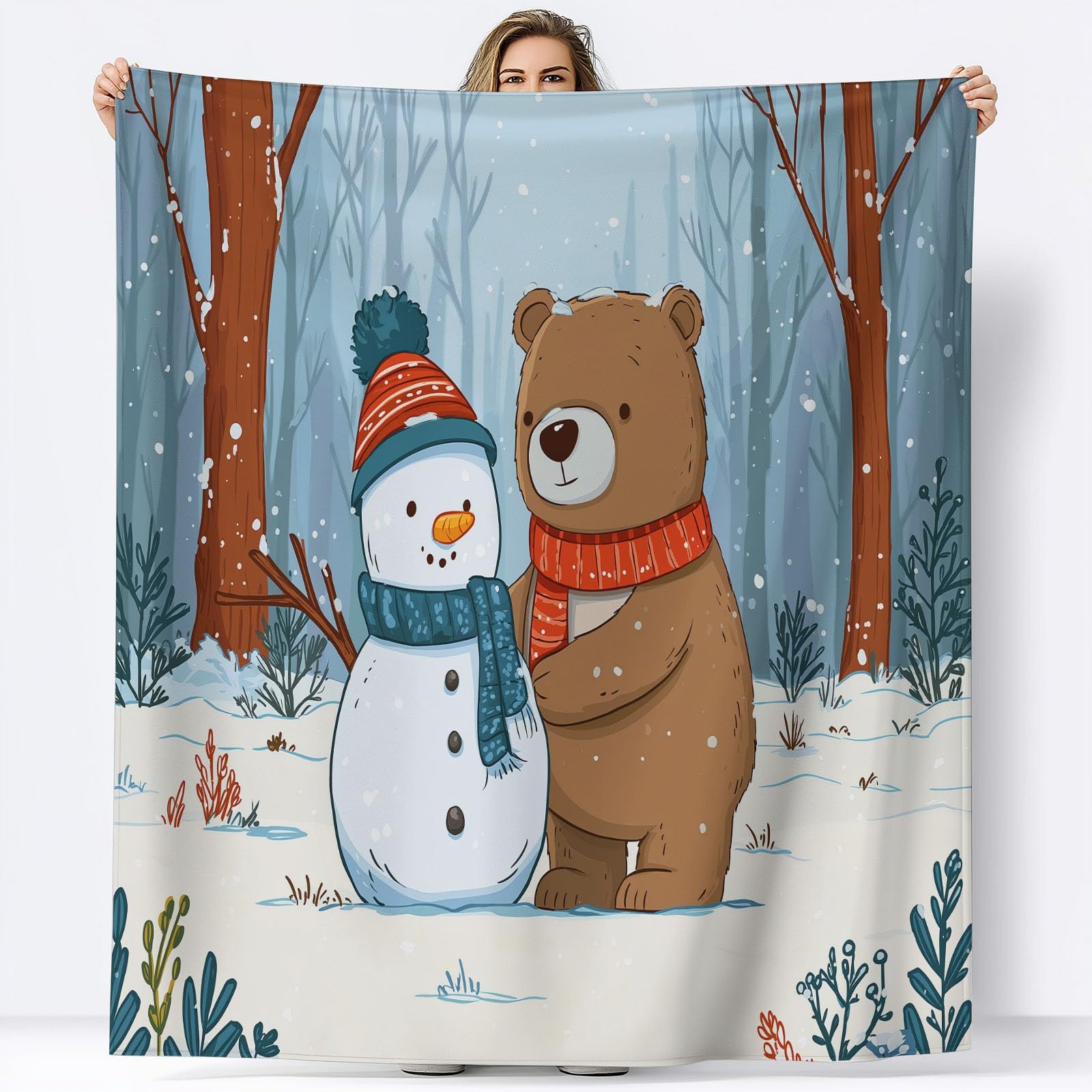 Puszysty koc polarowy na zimę, bałwanki i niedźwiedzie, 180 x 220 cm, miękki, ciepły, na sofę, koc polarowy, przytulny flanelowy koc na łóżko, dla dorosłych, dzieci i niemowląt, pomysł na prezent