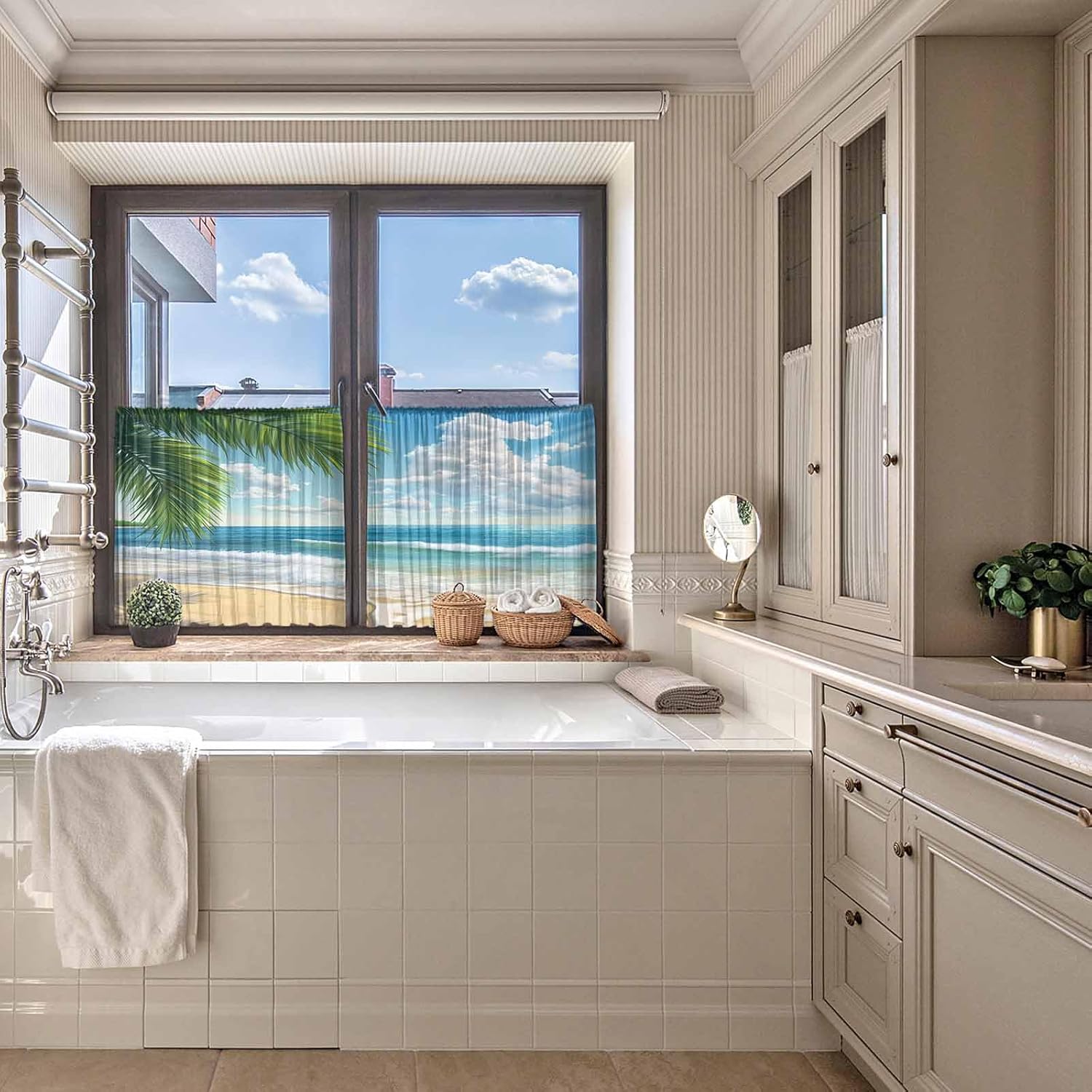 Summer Beach Sheer Curtains 45 Inches Length 2 Panels Set Chiffon Curtain Sheers for Living Room, Coastal Ocean Tropical Palm Trees Rod Pocket Window Drapes Sheer Privacy Curtains Panels