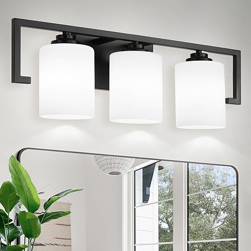 Miniatura 8 de Lámparas de baño de 3 luces, lámpara de tocador moderna negra con pantalla de vidrio transparente, accesorios de iluminación de baño sobre espejo,