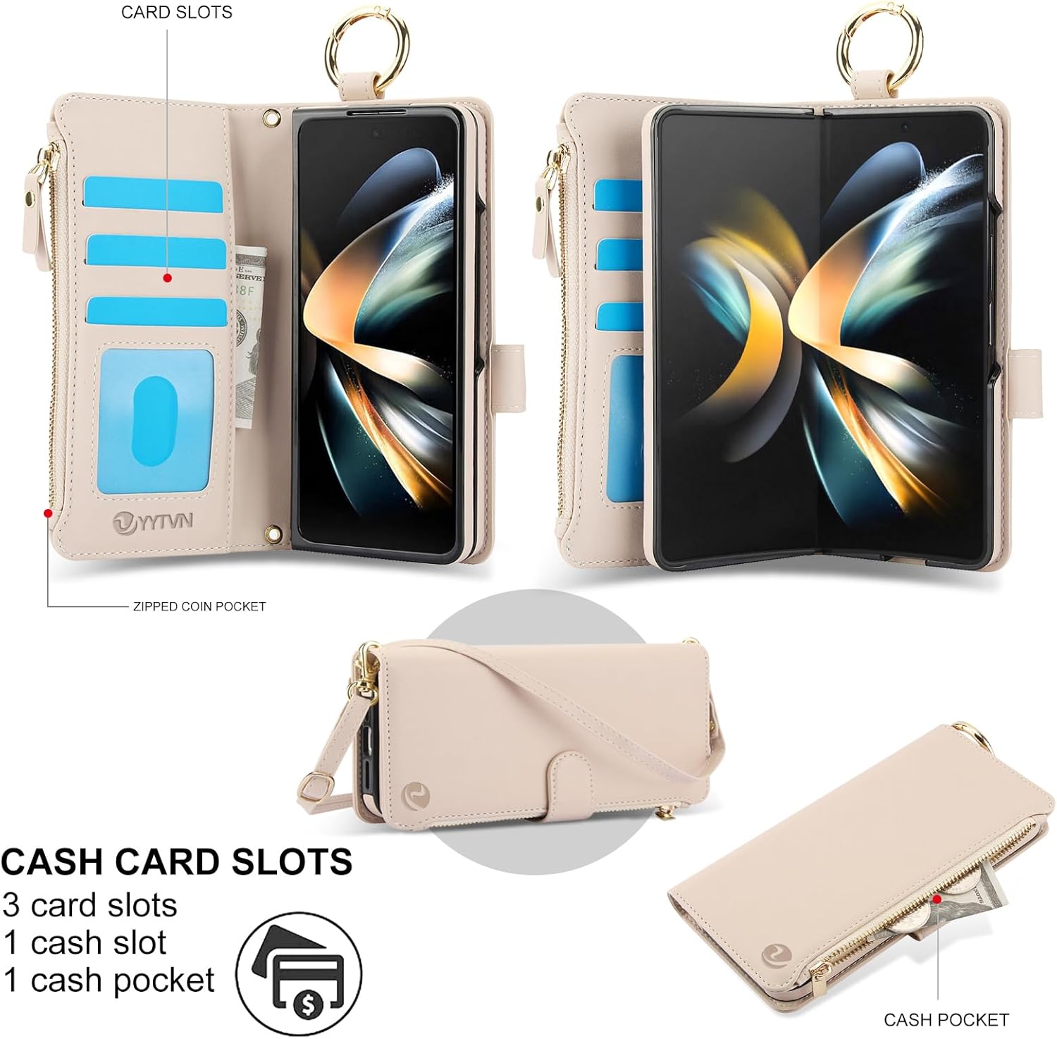 for Samsung Galaxy Z Fold 3 Case Wallet with RFID Blocking Card Holder and Shoulder Strap Wrist Strap, Multi-Function Stylish Ring Zipper Purse Case for Galaxy Z Fold 3, White