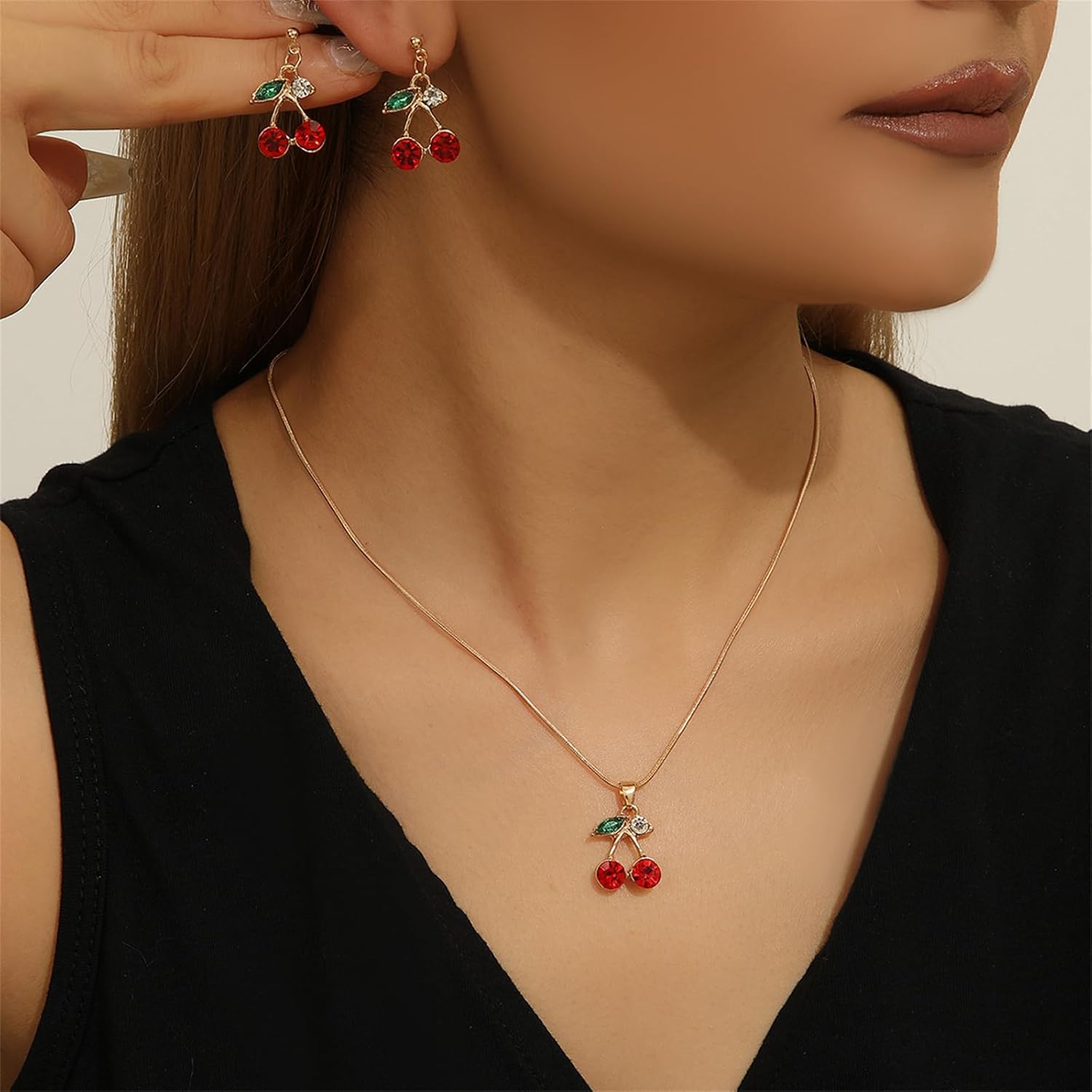 Red Crystal Cherry Earrings Necklace Set for Women 18K Gold Plated Sweet Fruit Pendant Necklace Dainty Summer Tropical Charm Christmas Statement Jewelry Gift - Image 2