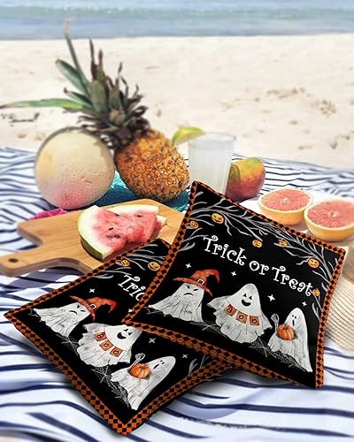 Miniatura 3 de Fundas de almohada impermeables para exteriores, 16 x 16 pulgadas, diseño de fantasma y calabaza, sombrero de bruja, fundas de cojín decorativas